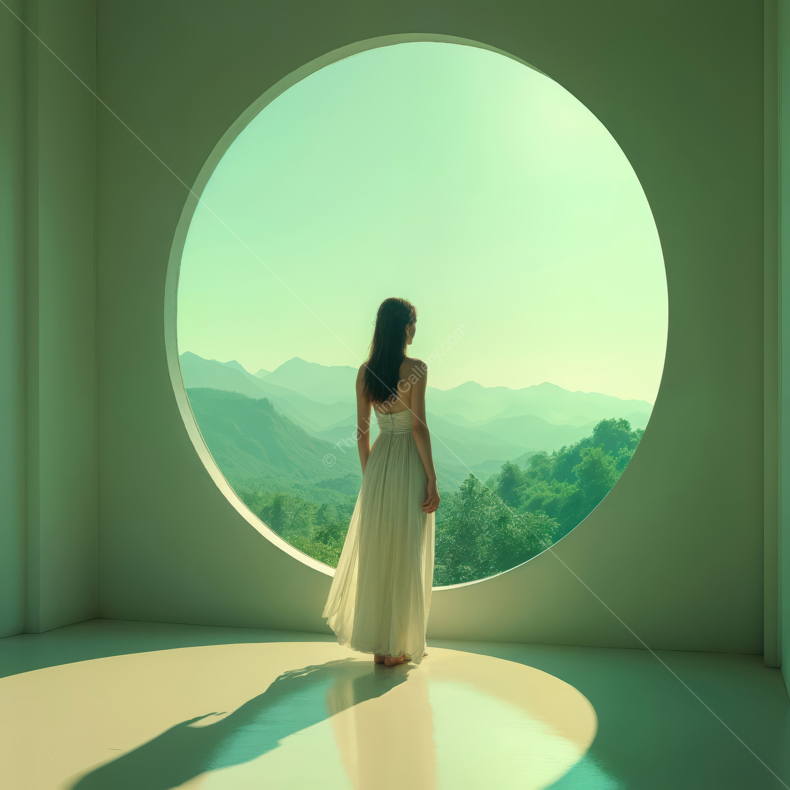Woman in a white dress stands inside a round window looking over layered green mountains in morning glow