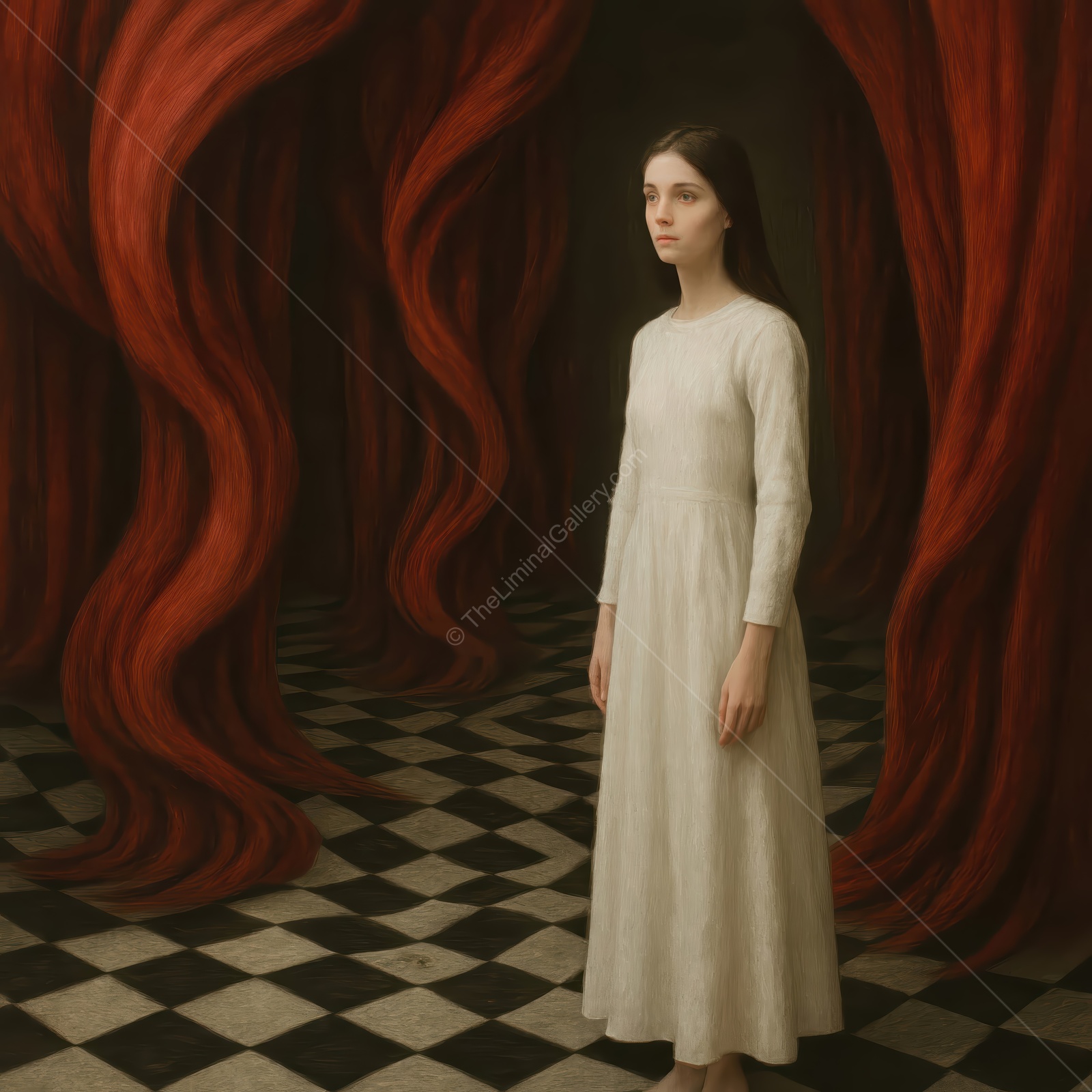 Woman stands among sculpted red forms over a checkered floor, pale dress set against deep color