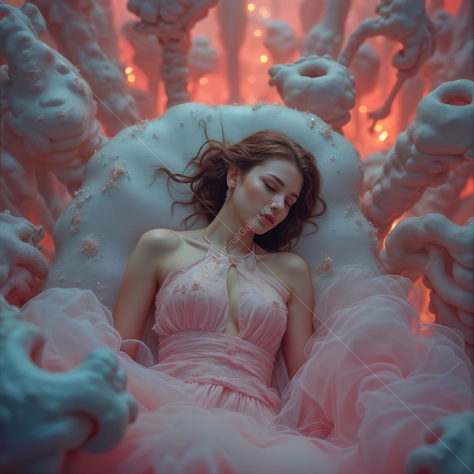 Woman rests among smooth sculptural forms lit from within, soft pink gown echoing the curves