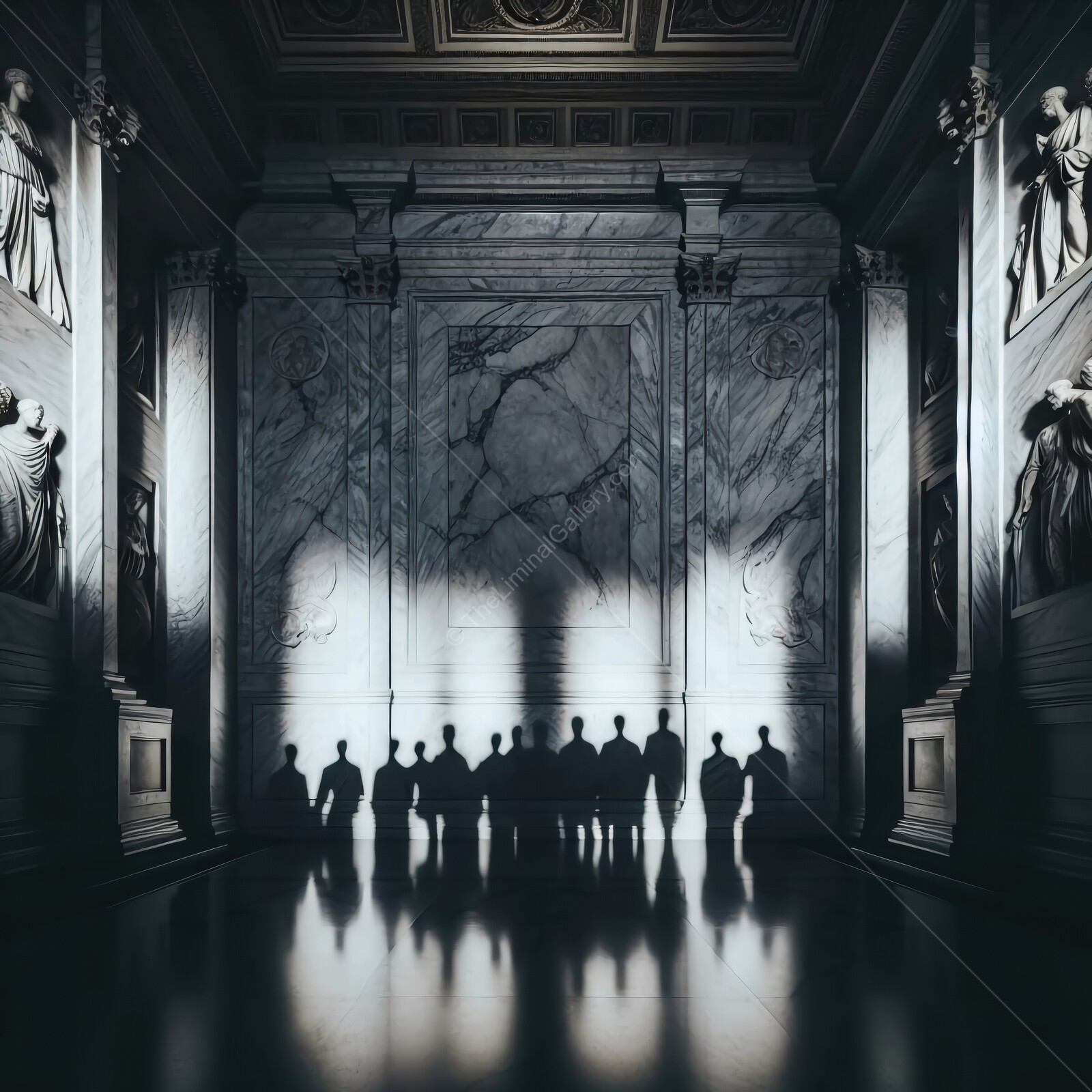 Shadows dance in a grand hall where history whispers softly at dusk