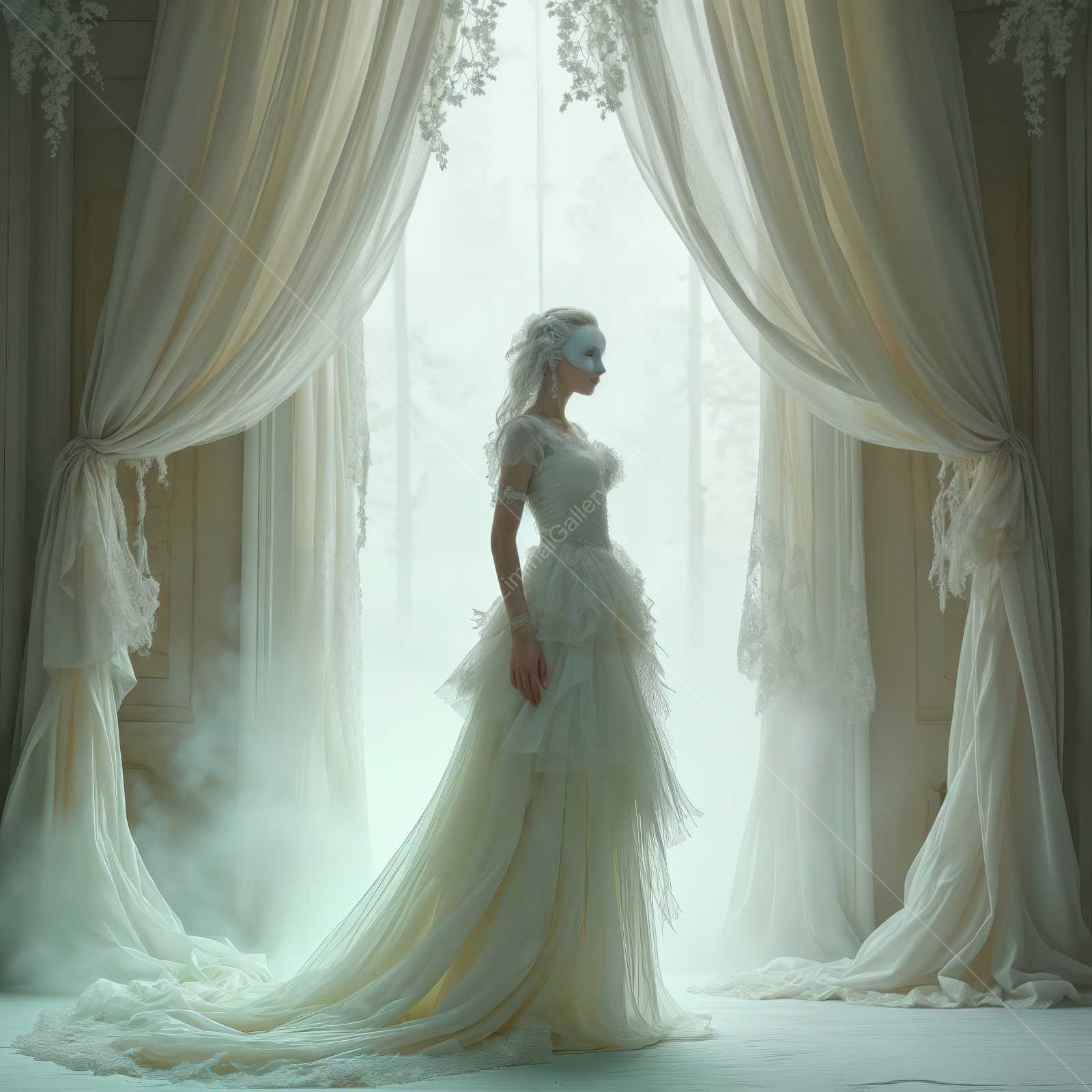 Woman in an elegant white gown stands among sheer drapes as diffused light and faint fog surround her