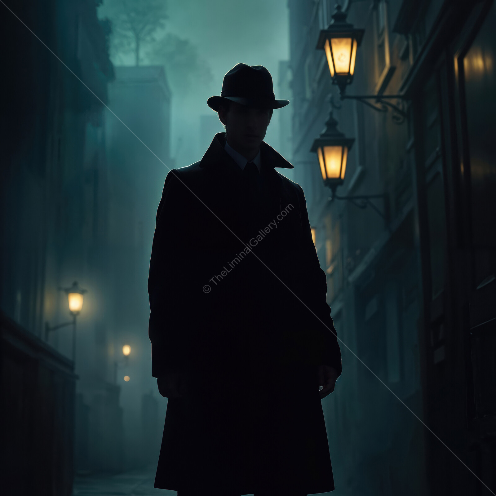 Sherlock Holmes in a foggy alley illuminated by vintage street lamps at night