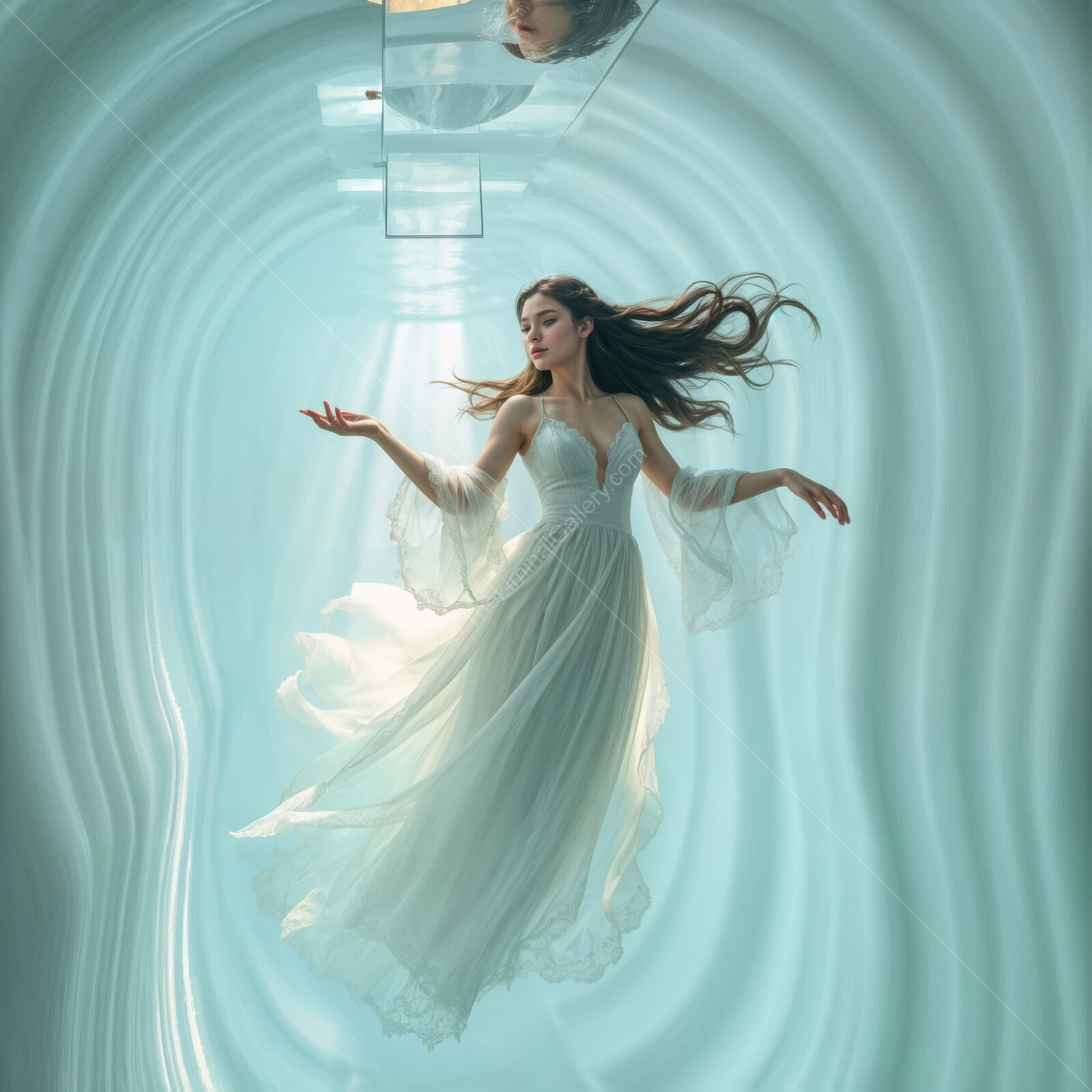 Ethereal beauty floating gracefully in shimmering water amidst a tranquil underwater world