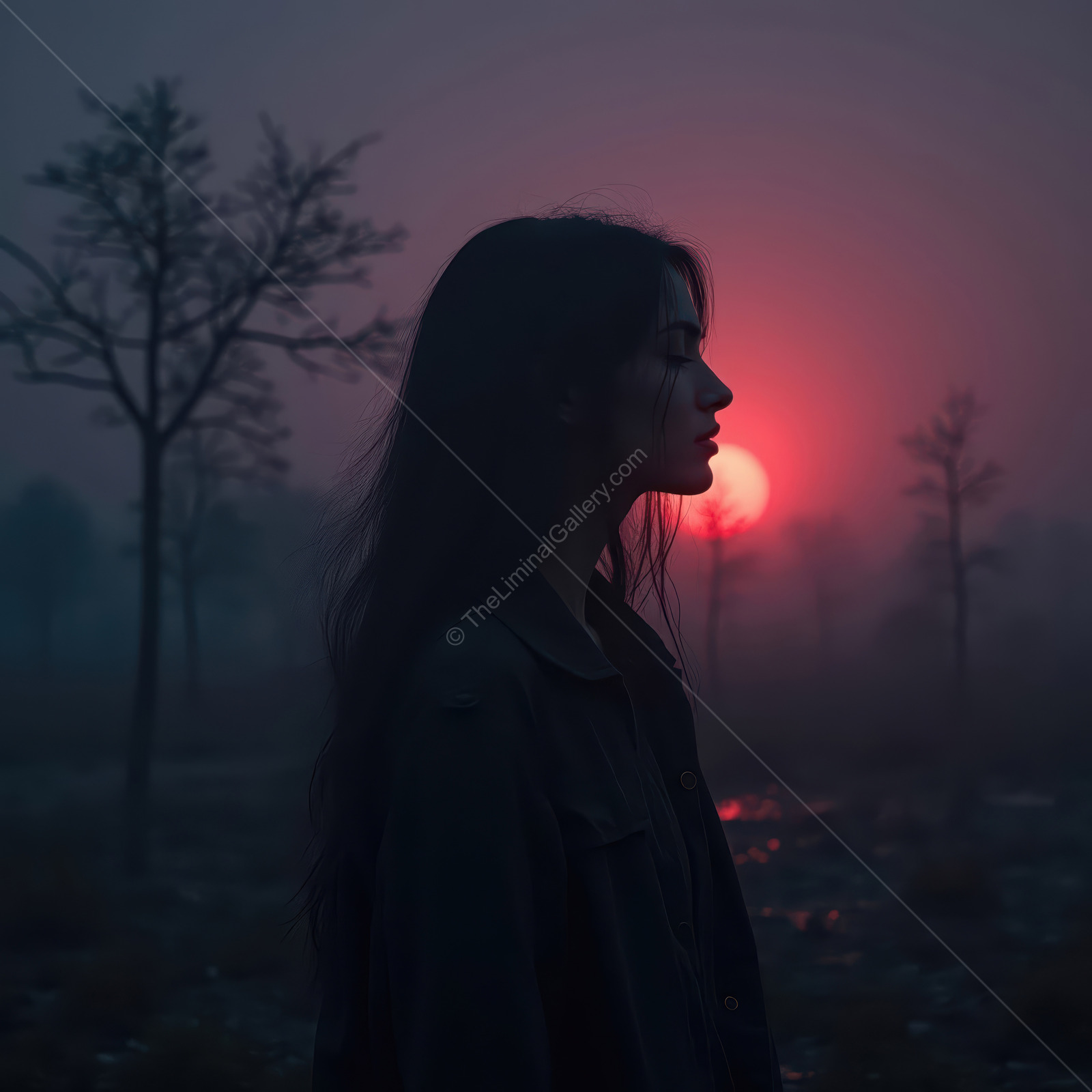 Woman�s silhouette cuts against a moody sunset, bare trees and low haze framing the fading sun