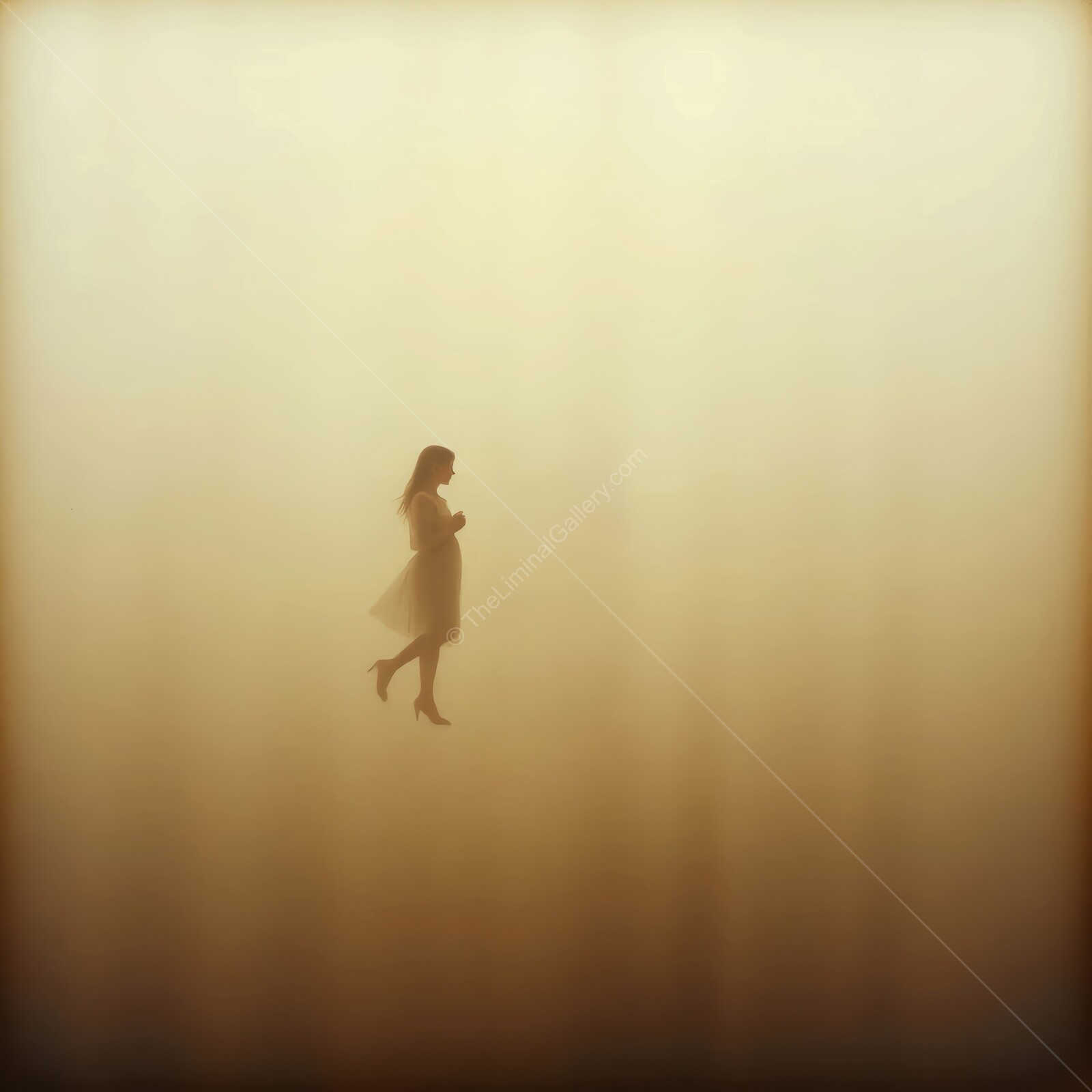 Silhouette of a woman walking gracefully through a dreamlike fog at dawn