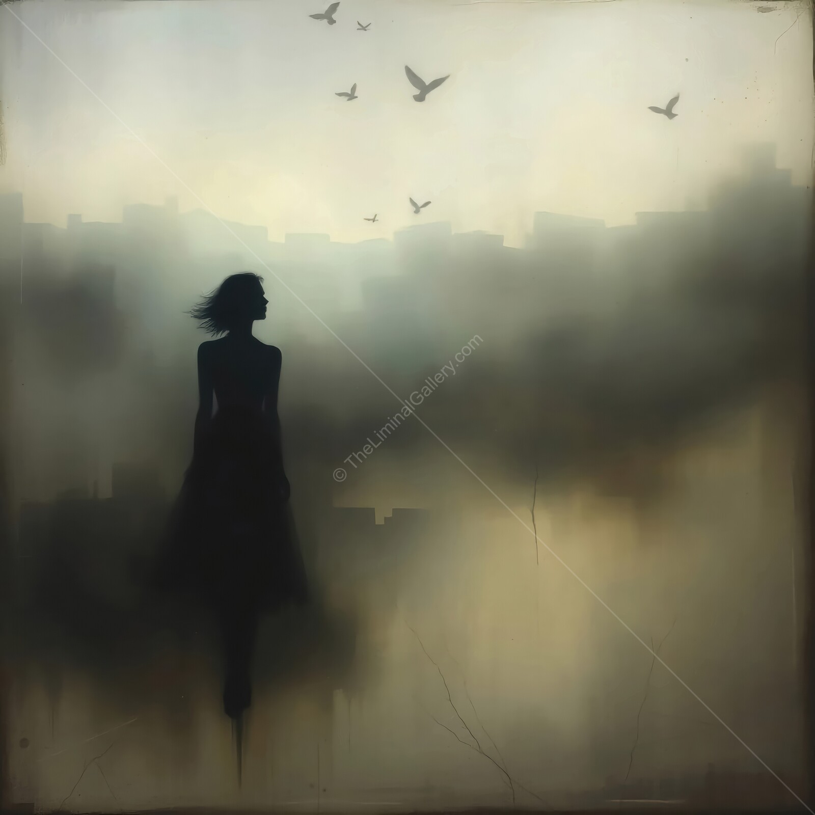 Silhouette of a woman standing against a misty urban skyline at dawn with birds in flight
