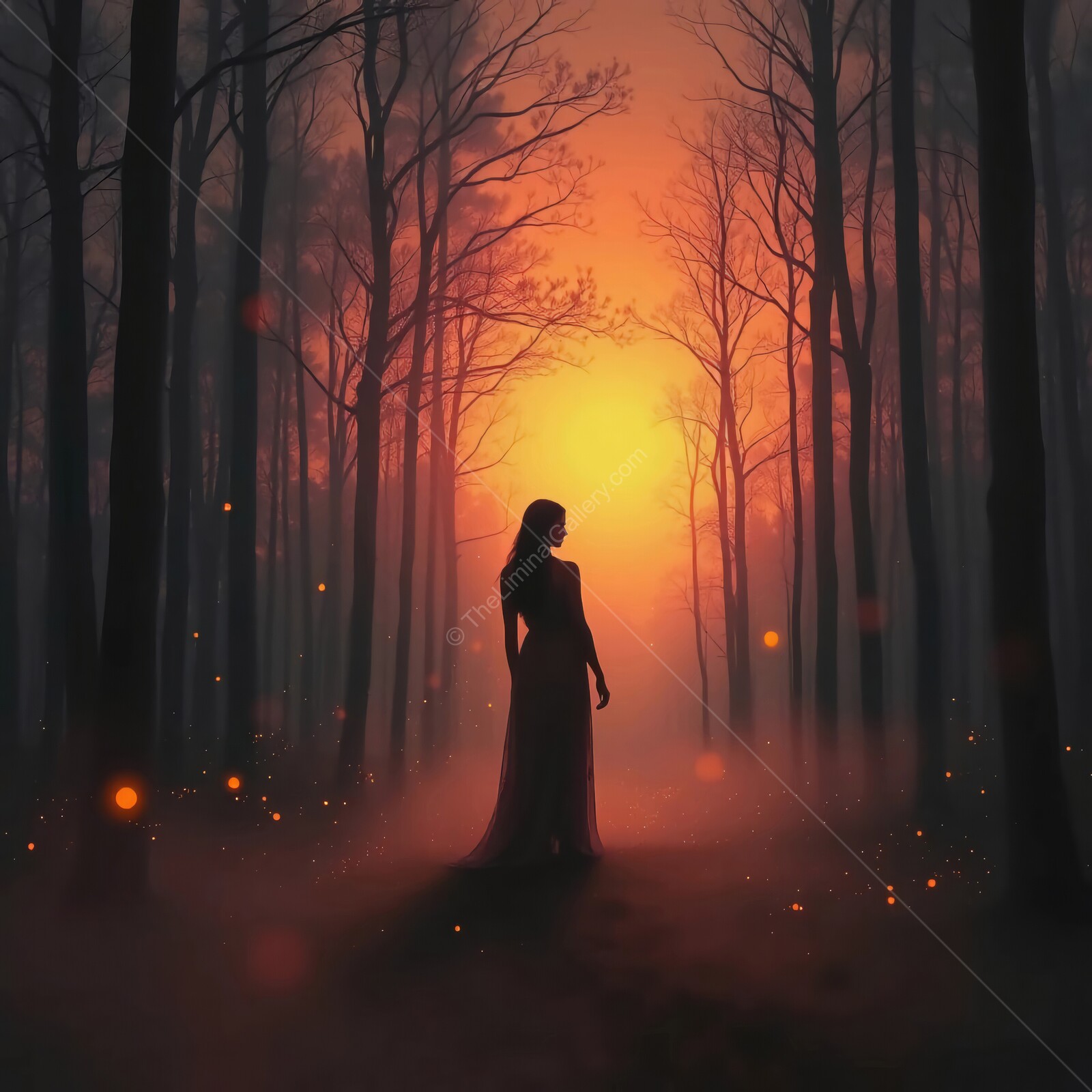 Silhouette of a woman standing in a mystical forest at sunset with glowing orbs illuminating the path