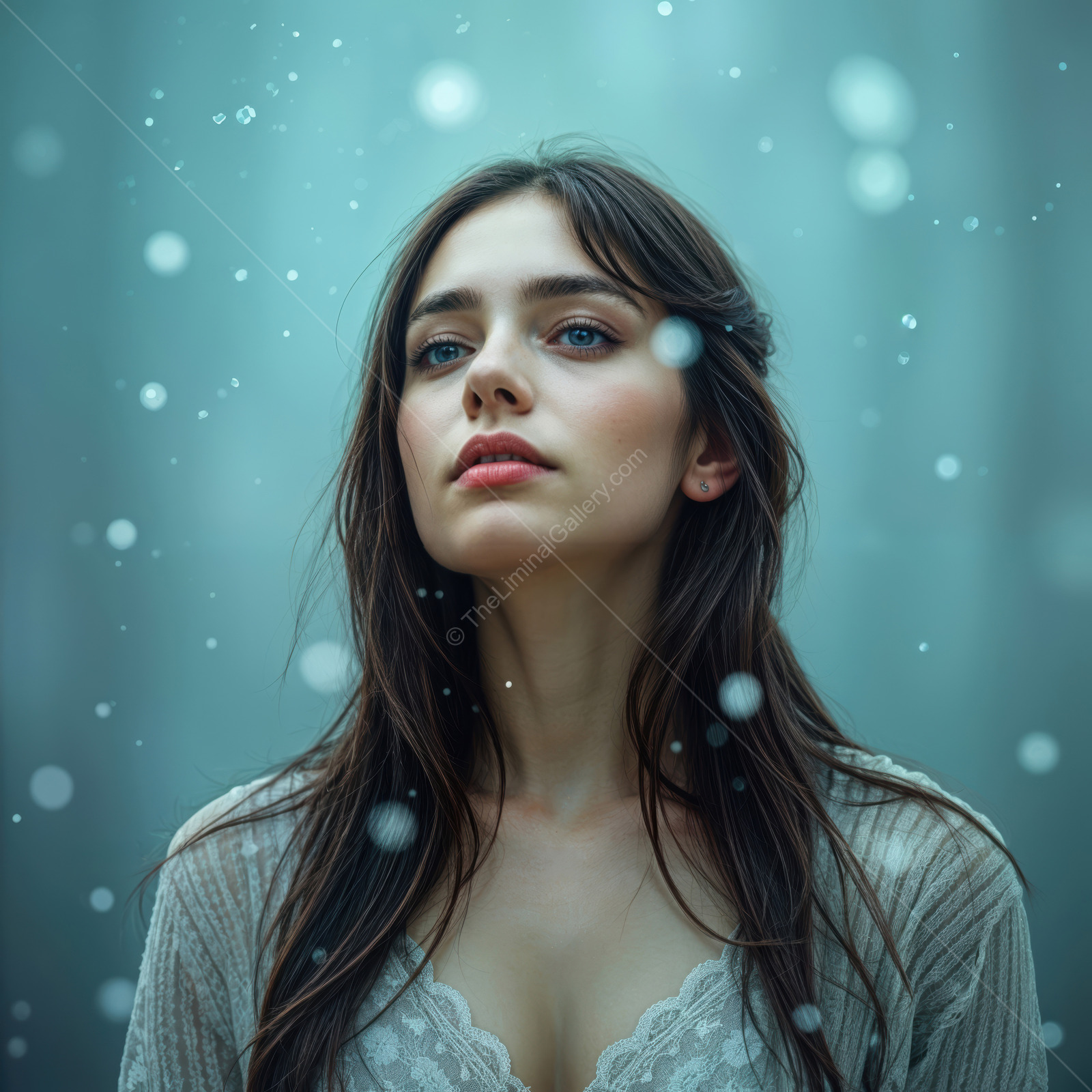 Woman stands in gently falling snow, pale tones and soft light settling across her thoughtful face