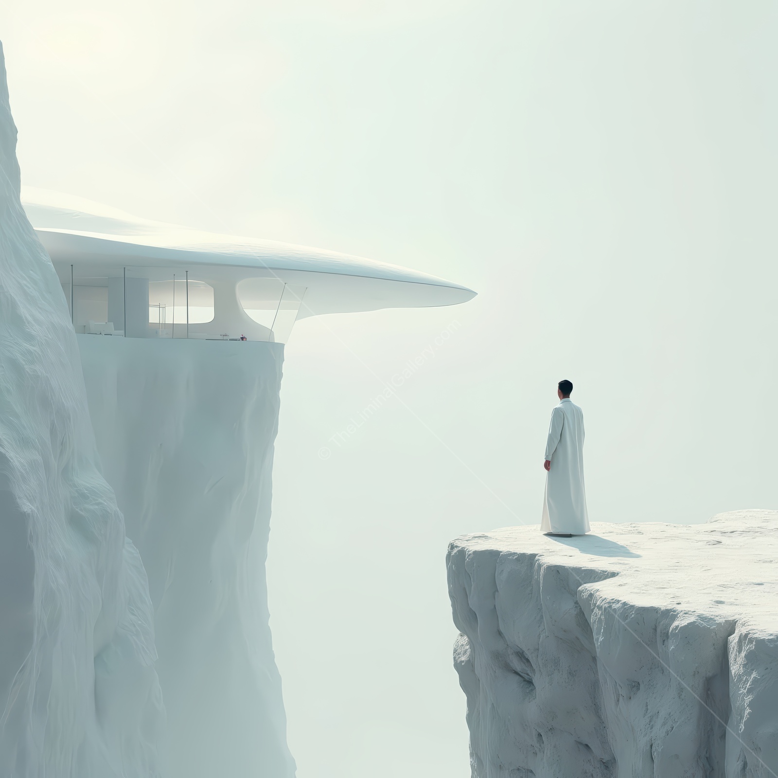Exploring a surreal landscape where a figure in white stands before a futuristic structure on a snowy cliff
