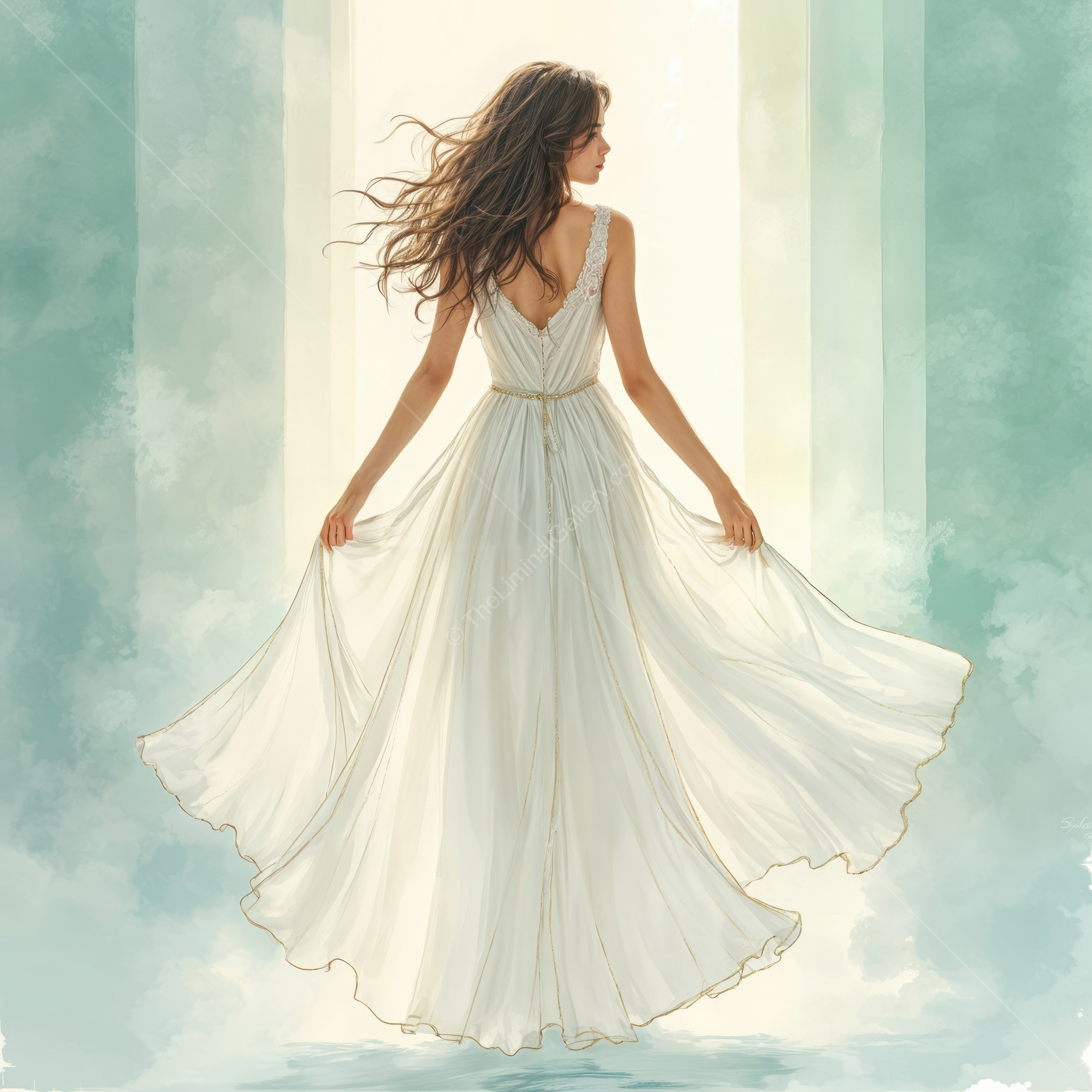 Woman in a flowing white dress faces away in soft light, hair catching the glow as tones fade to haze