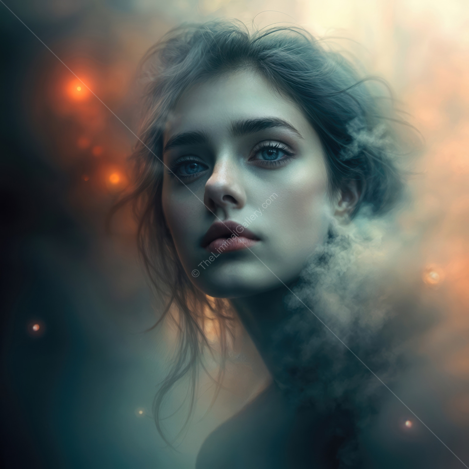 Woman stands in soft mist with pinprick lights behind her, muted tones framing a pensive look