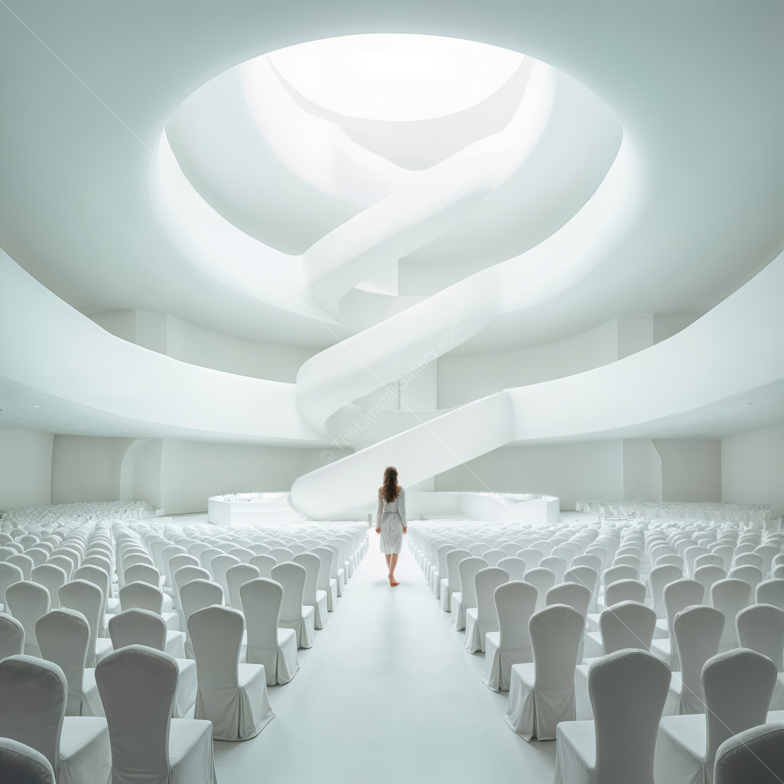 Woman crosses a luminous hall with a spiral staircase under a skylight, ranks of white chairs aligned below
