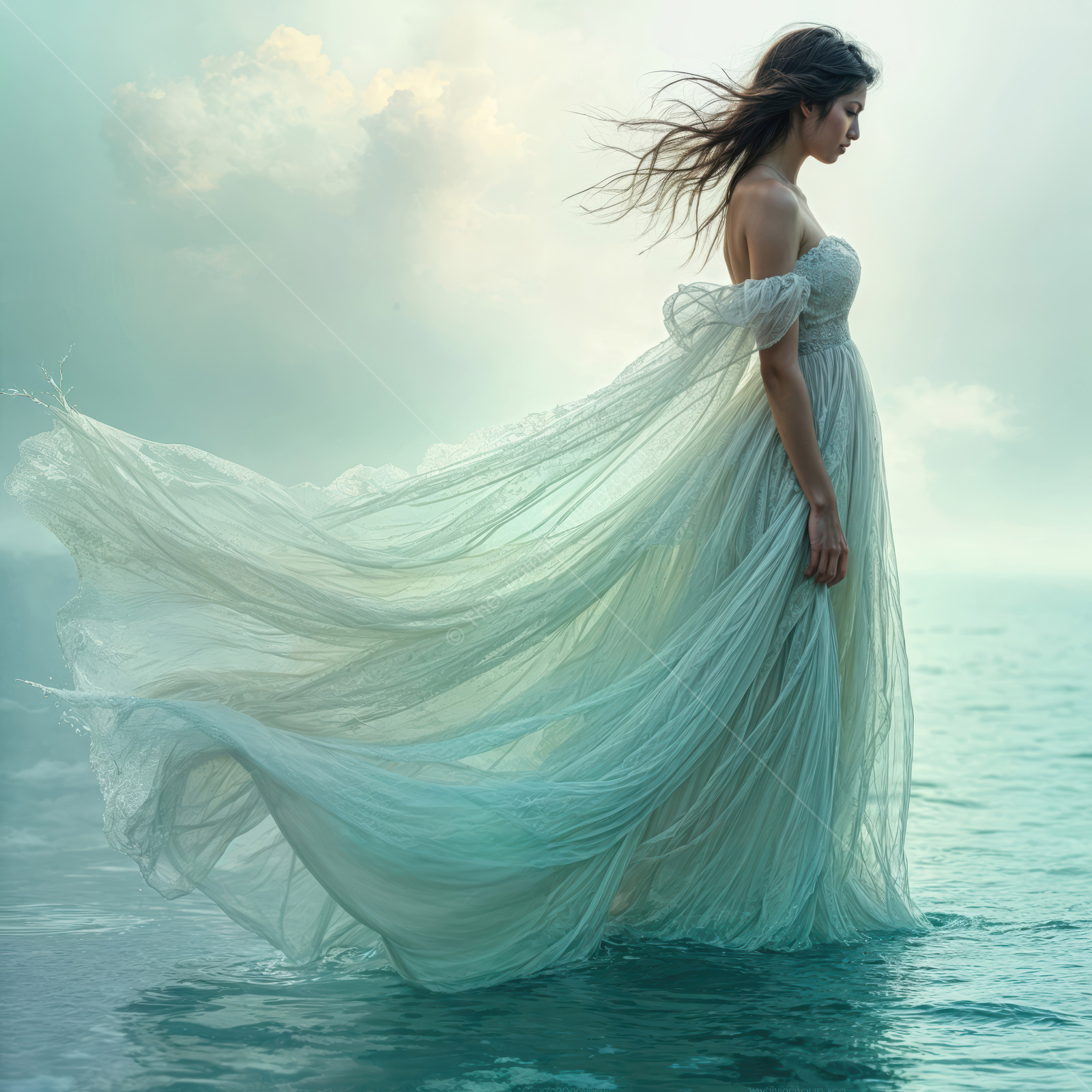 Woman in a gauzy gown wades still water as mist rises, faint breeze lifting strands of hair in pearly light