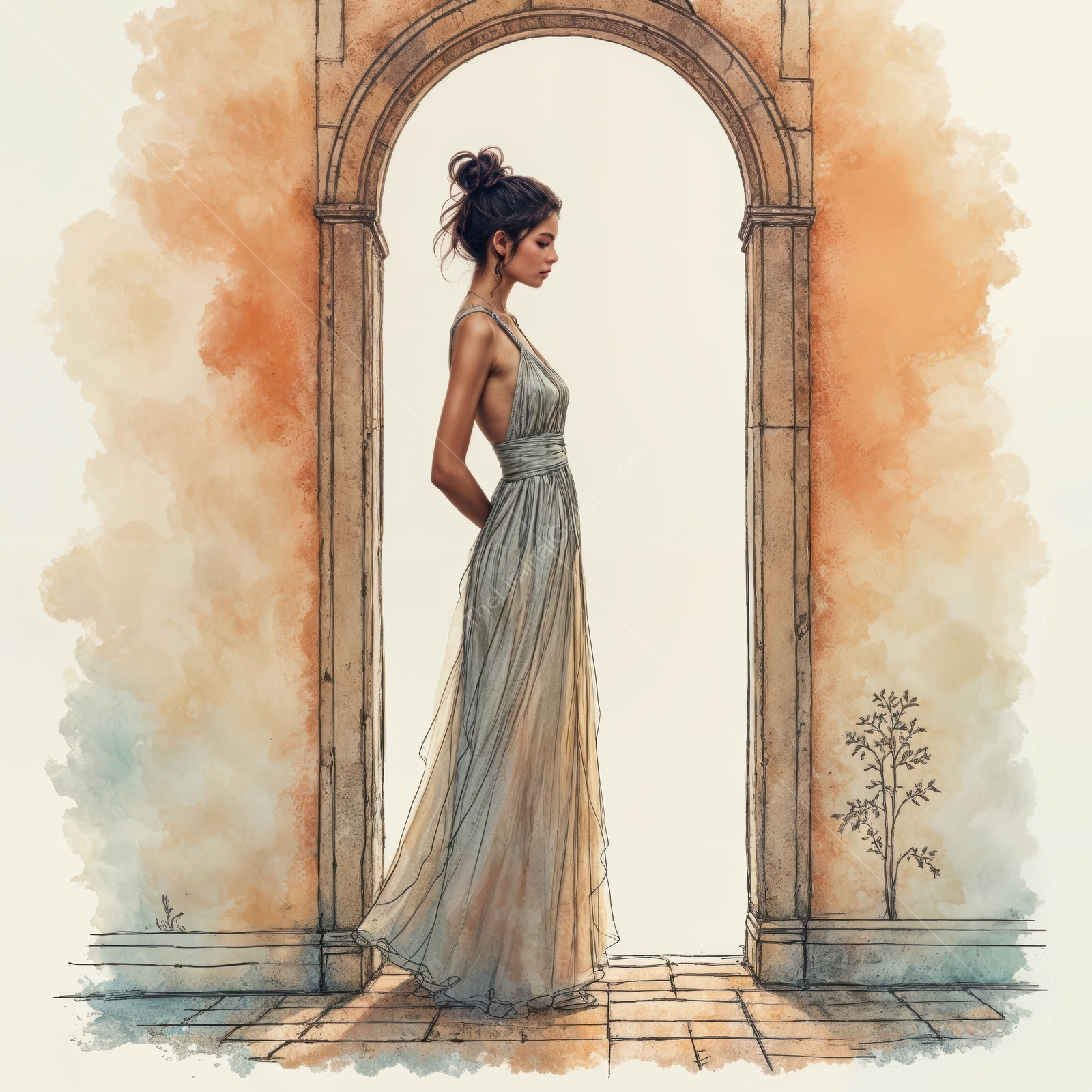 Woman stands in an old stone arch at golden hour, gown catching warm light while a breeze combs her hair