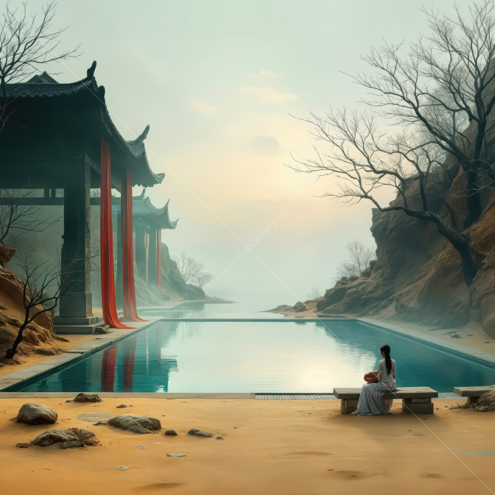 Woman at dawn beside a stone pool with red fabric banners and bare branches, thin fog flattening the reflections
