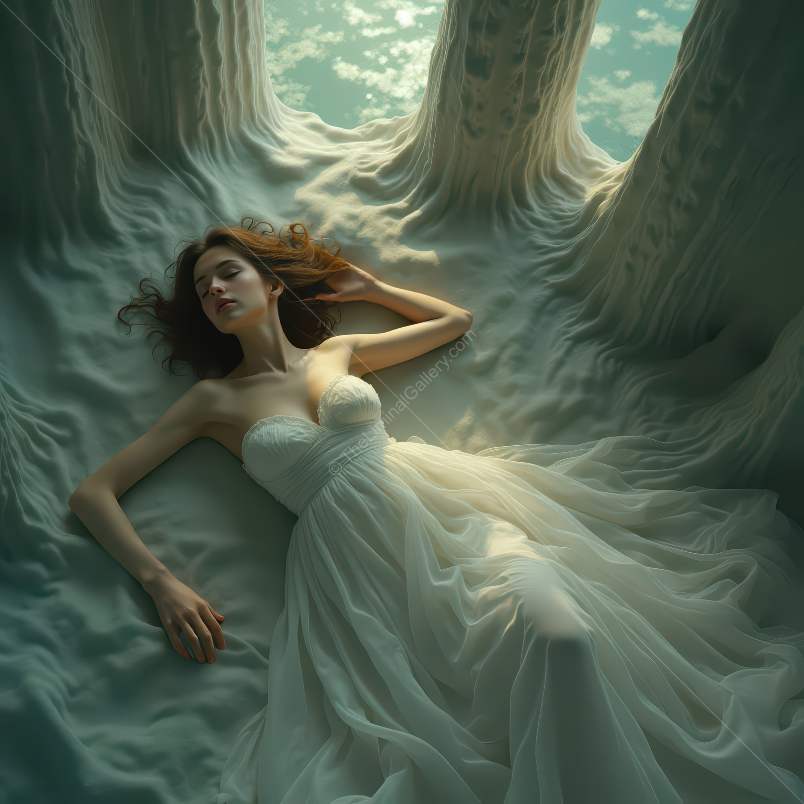 Woman in a strapless gown reclines on a rippling, fabric-like surface, hair fanning out as soft highlights trace the folds around her
