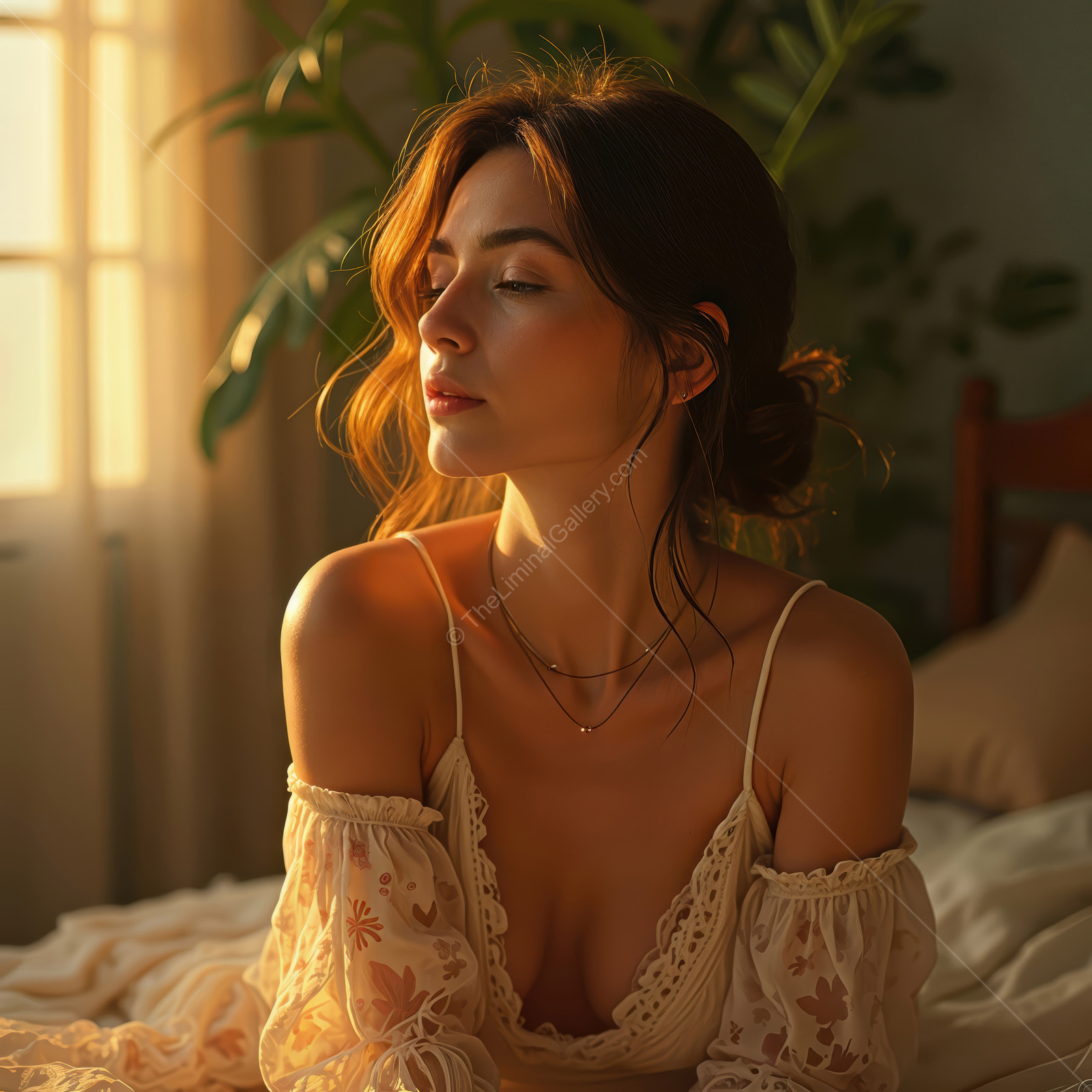 Woman sits on a sunlit bed among plants, warm beams striping the linens and her relaxed pose