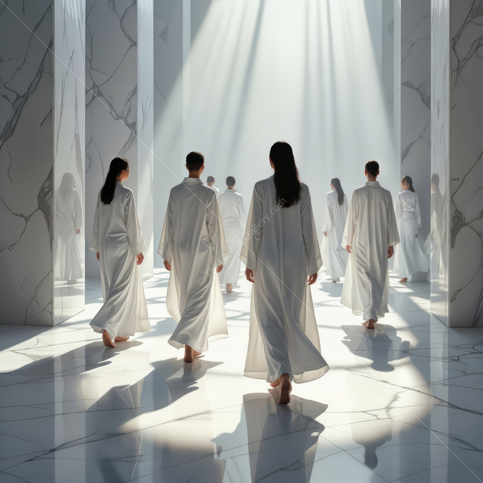 Figures in white robes walk through a sunlit hall with marble floors and ethereal ambiance in the heart of a tranquil temple