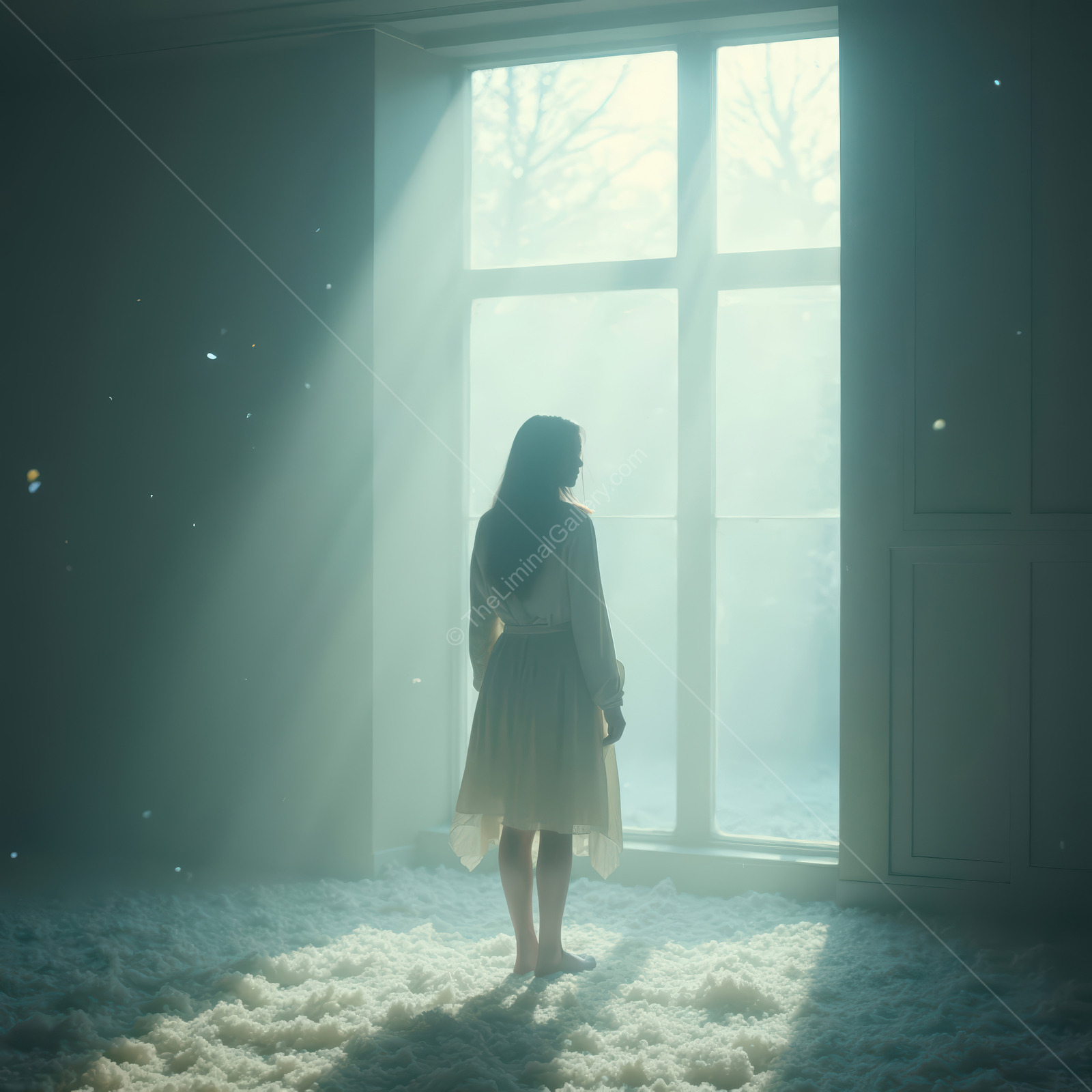 Woman stands in sunlit haze by a tall window, white dress bright against a cloudlike floor