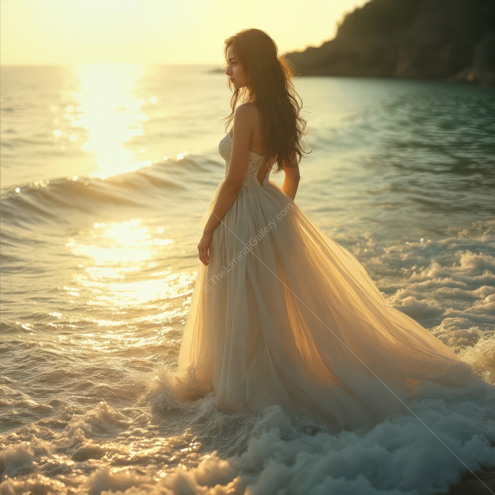 Woman at the tide line in a flowing dress watches a warm sunset, wet sand mirroring the sky