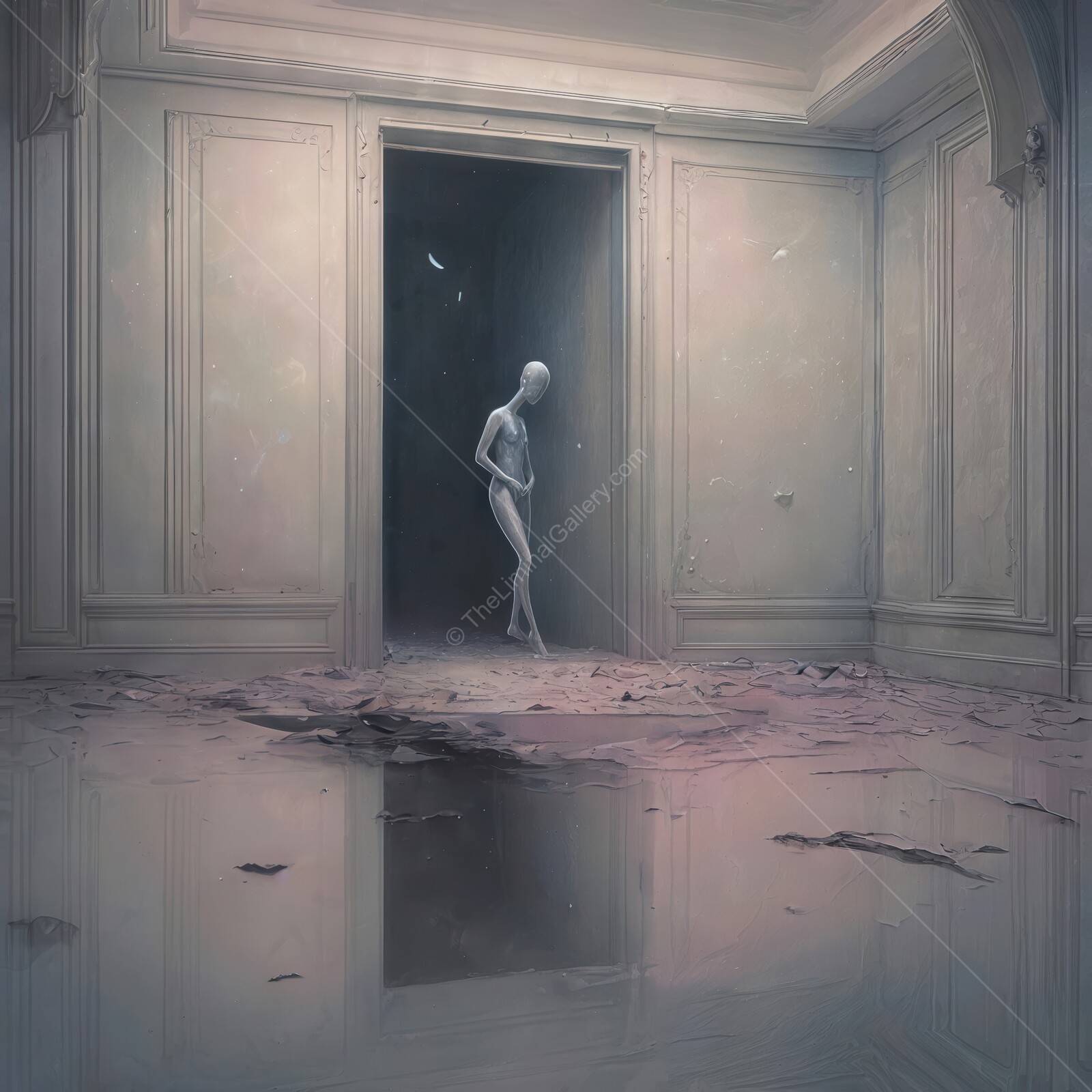 A surreal alien emerges from a dimly lit doorway in an abandoned space filled with mystery and haunting beauty