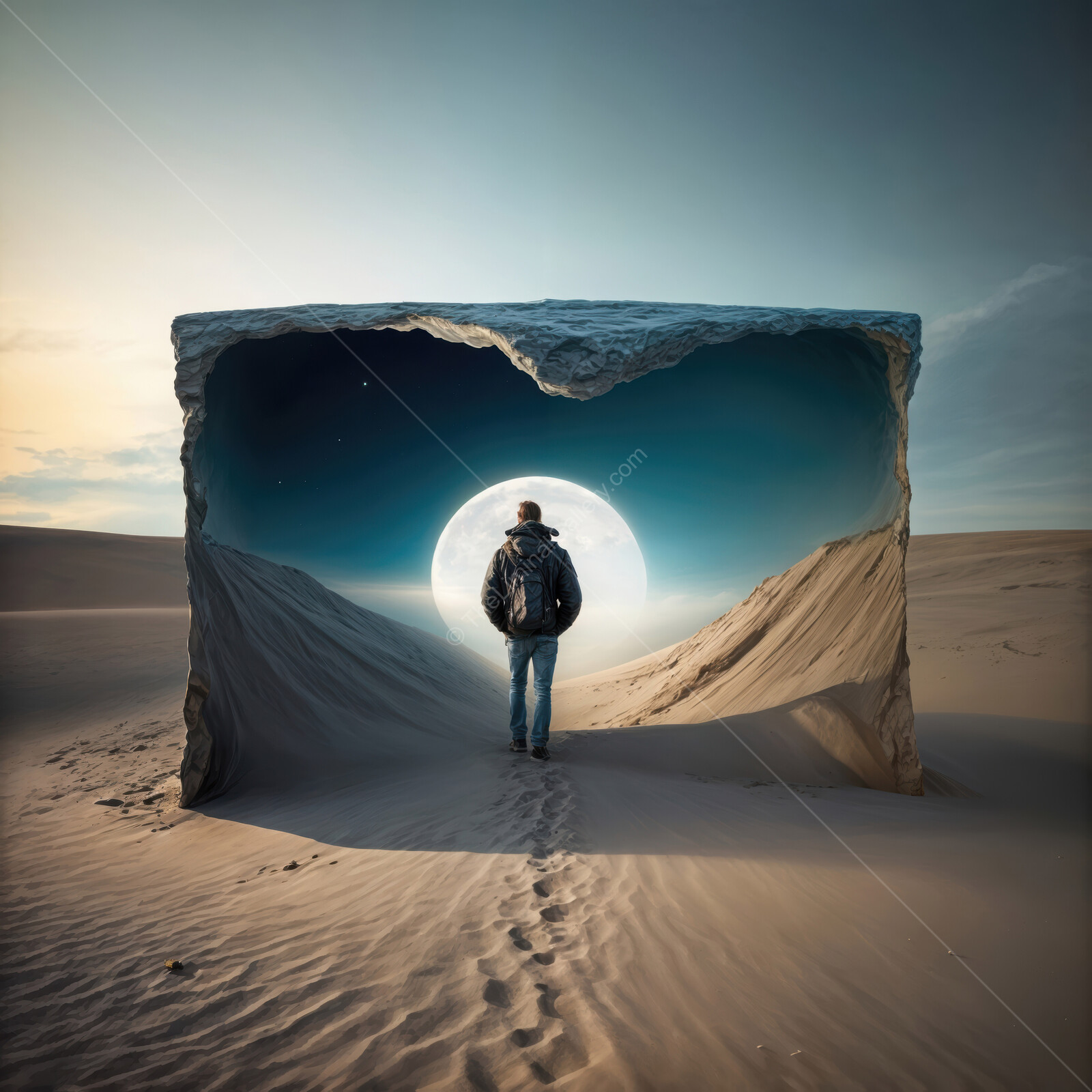 Man standing before a surreal gateway in a vast desert landscape at twilight