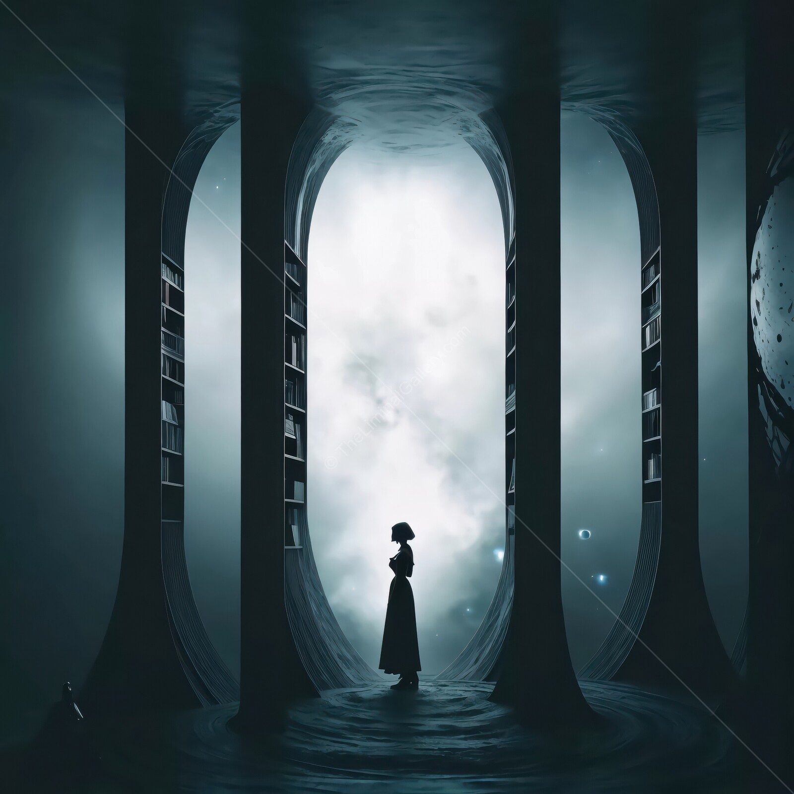 Enigmatic silhouette explores a surreal liminal library realm surrounded by mystery and shadows