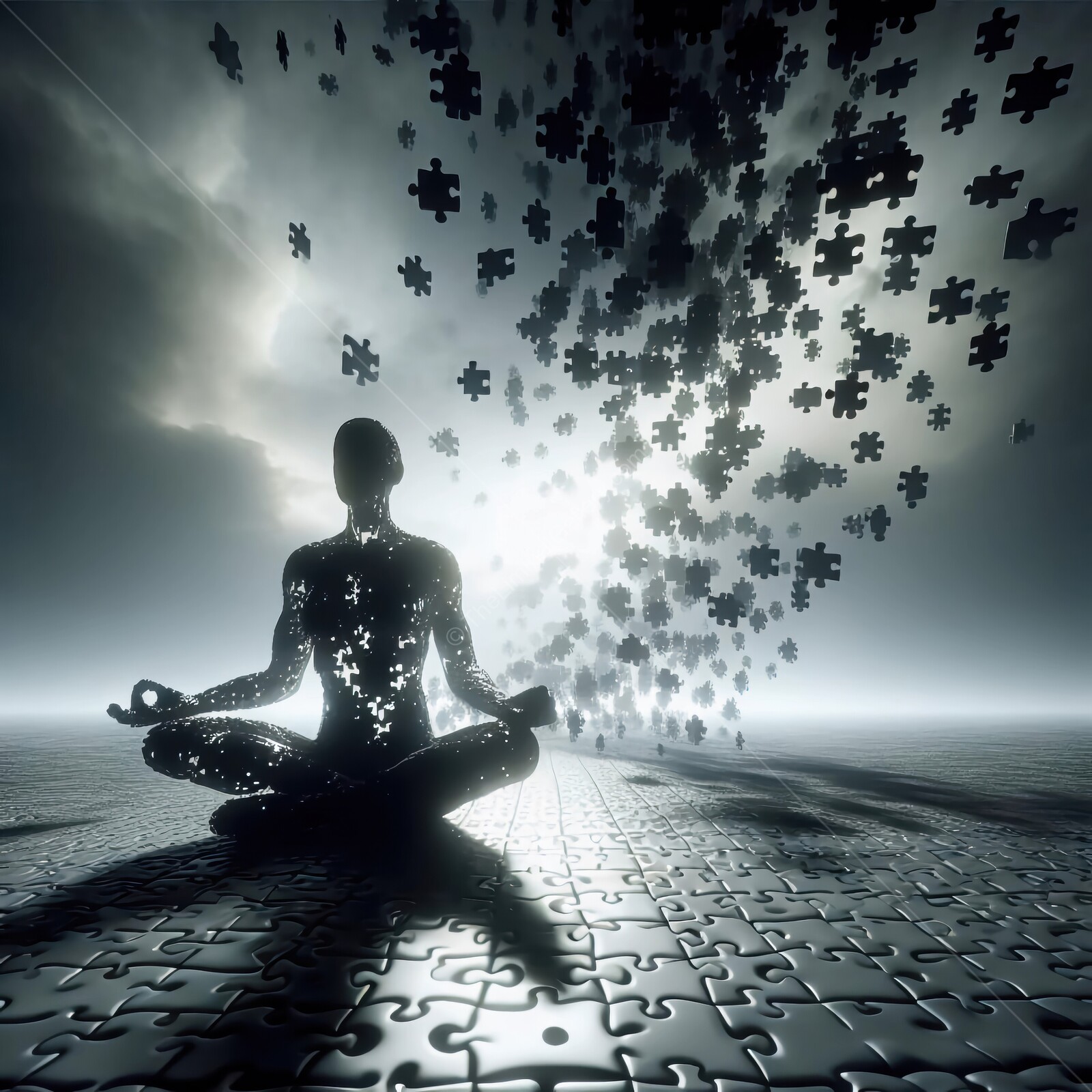 Contemplation in a surreal world of disintegrating puzzle pieces and ethereal light