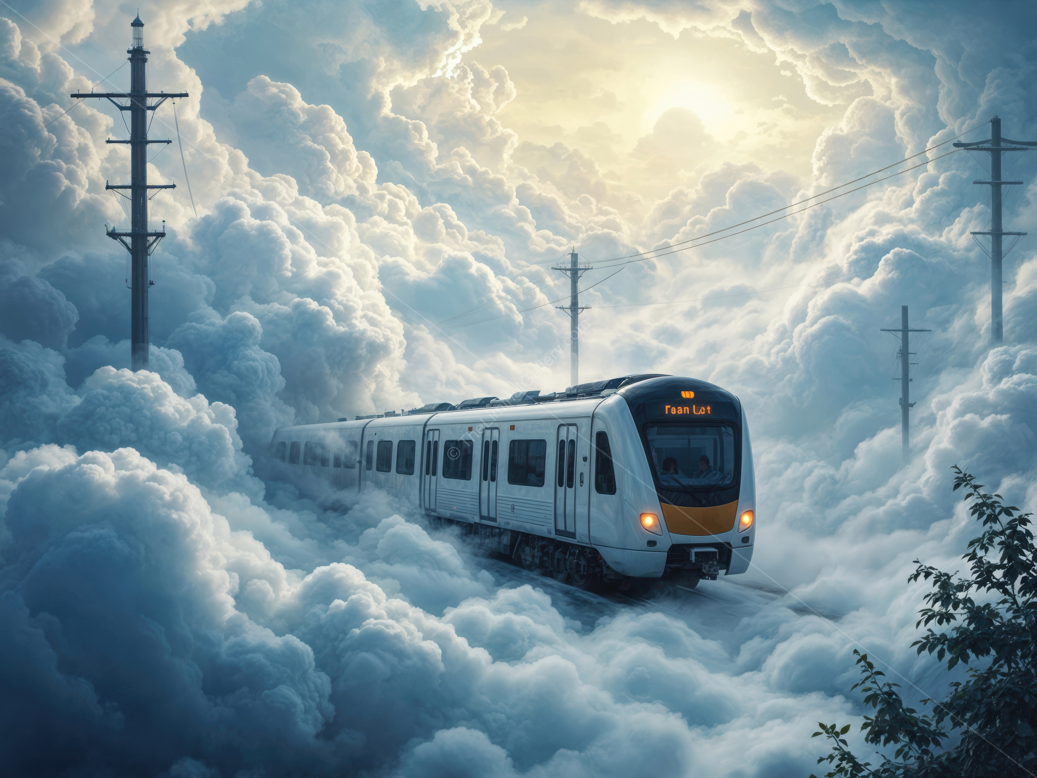 Train navigating through mystical clouds at dawn in a serene landscape