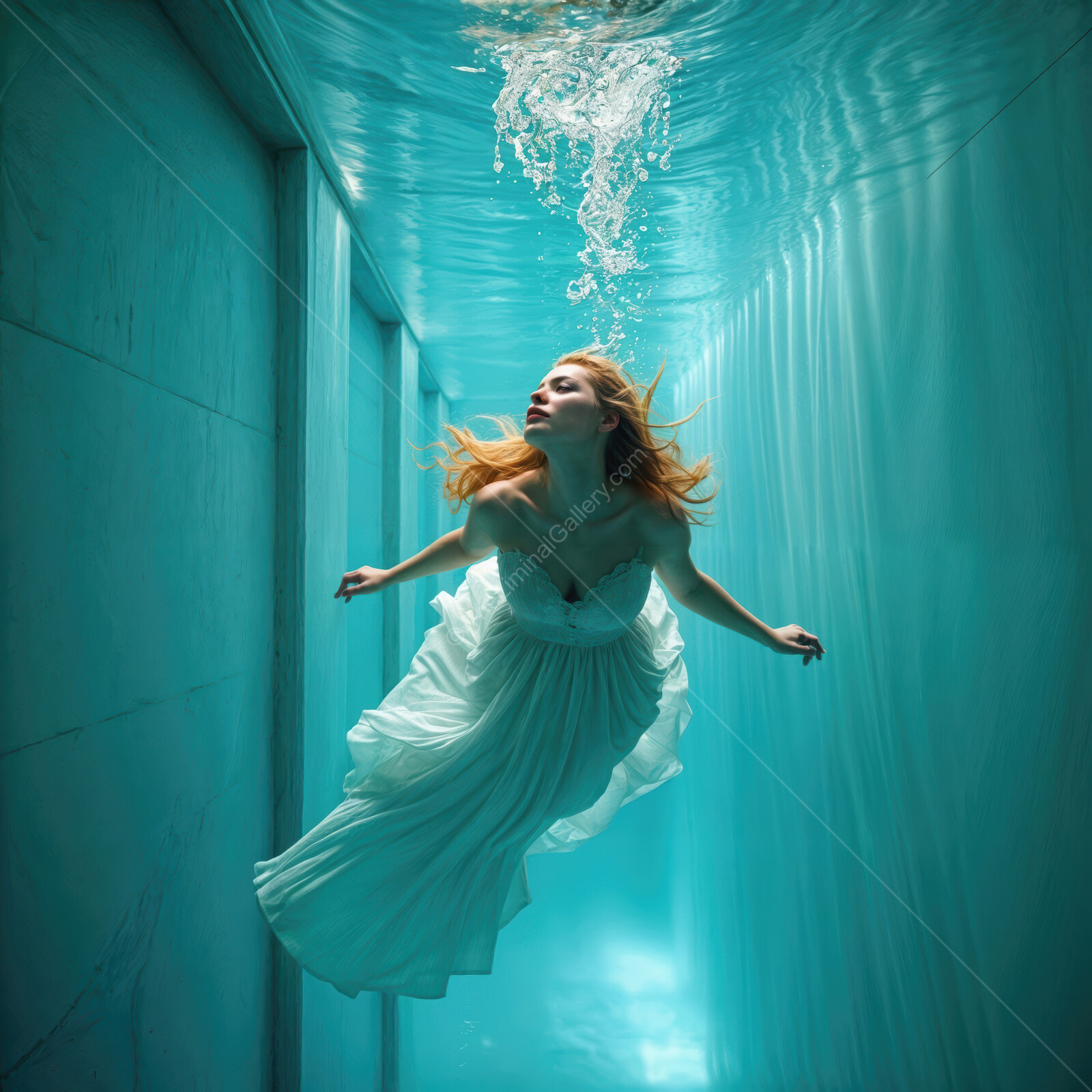 Ethereal beauty glides gracefully through serene turquoise waters in a flowing white gown