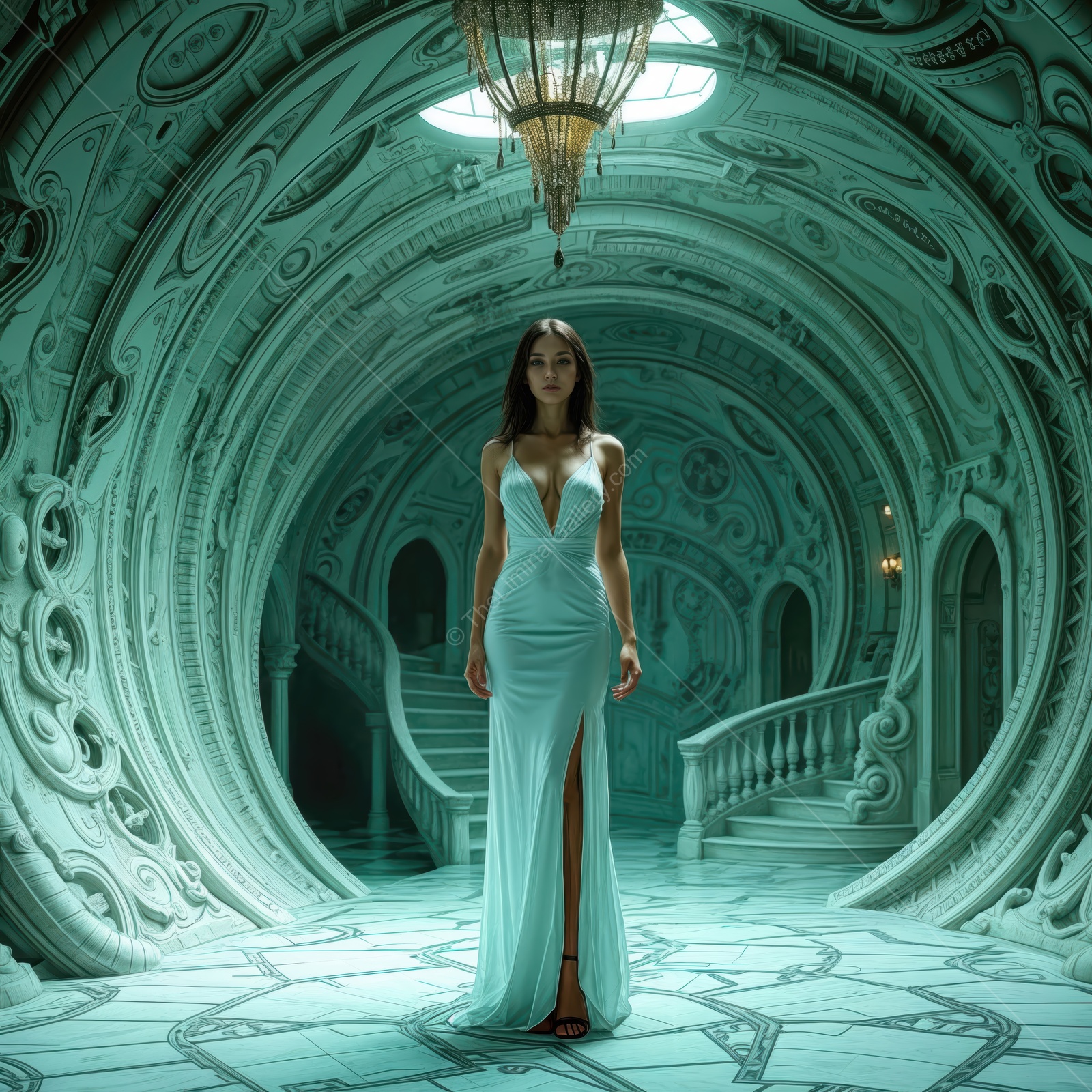 Woman in an elegant gown stands in a turquoise room under a radiant chandelier, walls etched with flowing motifs