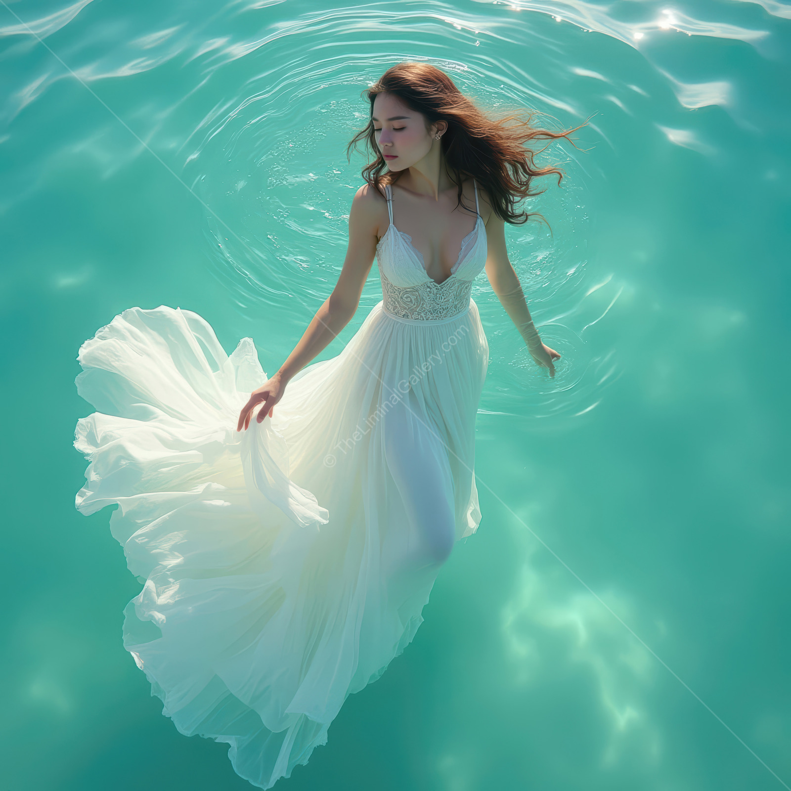 Woman in a white gown wades through turquoise water at dusk, soft ripples ringing her steps