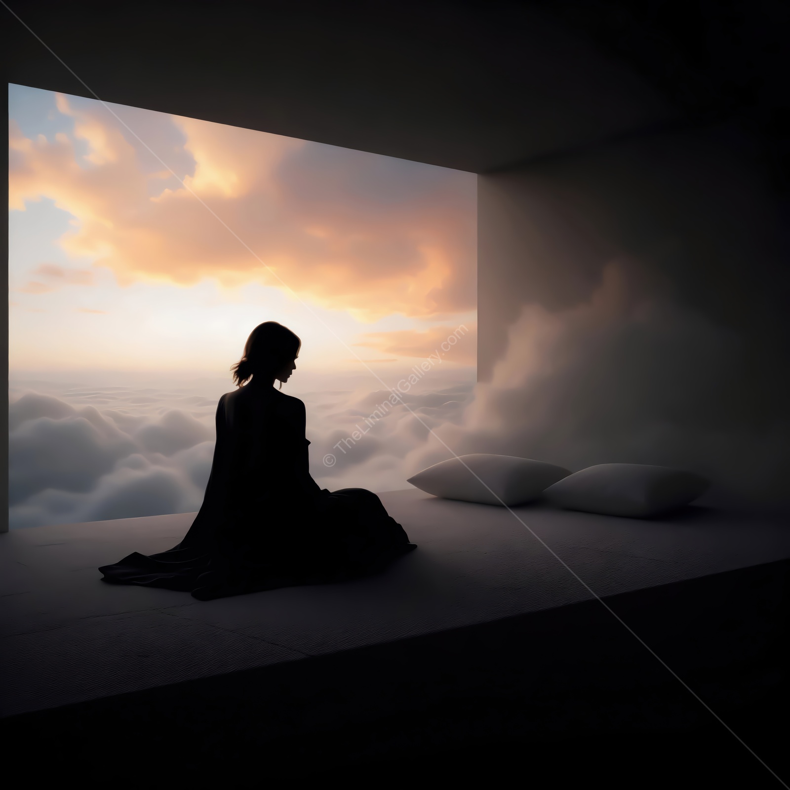 Woman sits facing a wide opening onto pastel twilight clouds, her silhouette edged by the soft sky