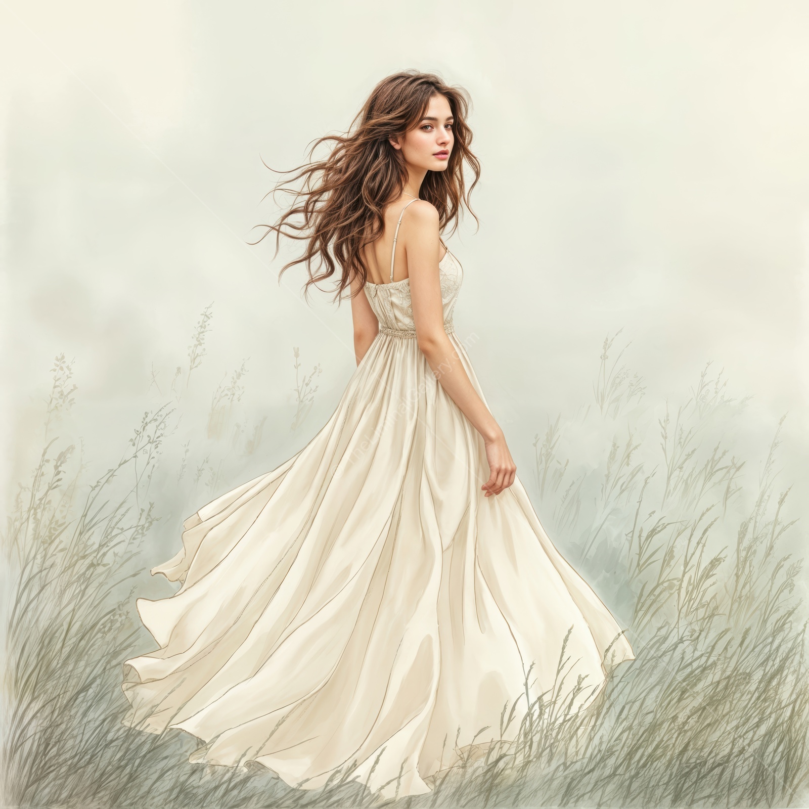 Woman in a white gown crosses a tall grass field at twilight, muted tones calming the scene
