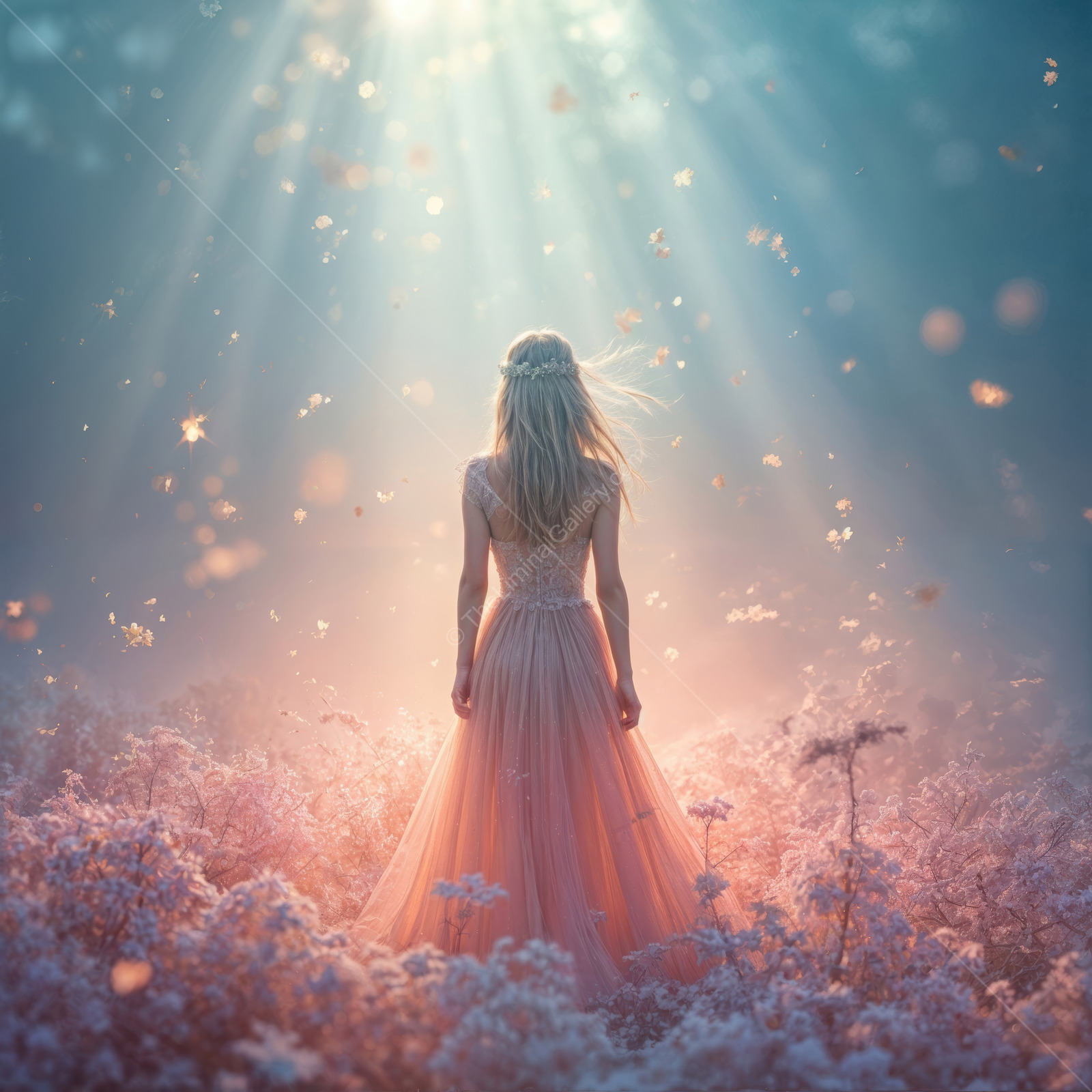Woman in a pink gown stands among blossoms at twilight, shafts of light breaking the canopy as petals drift