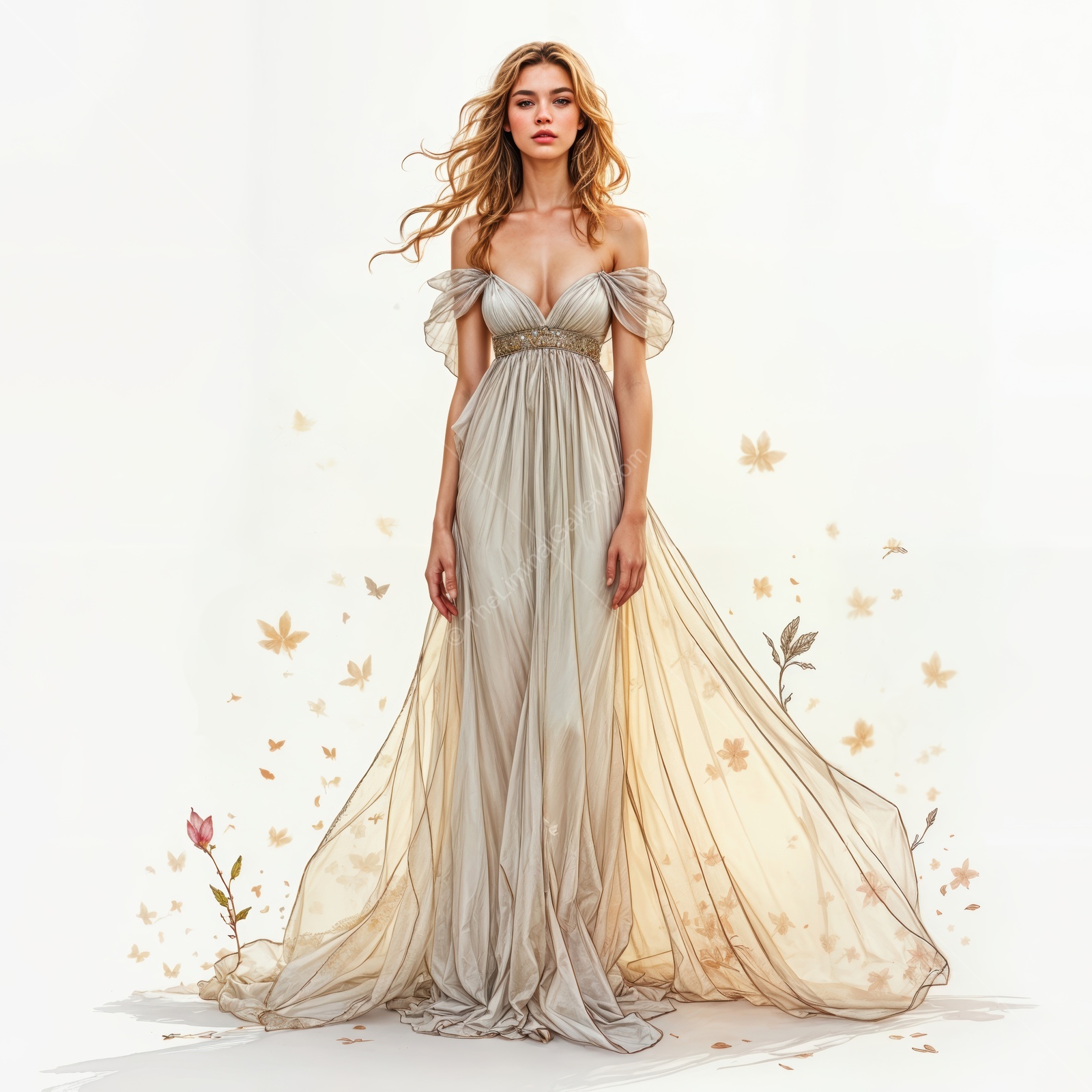 Woman in a light gown stands at twilight with floral details echoing nearby blooms in the air