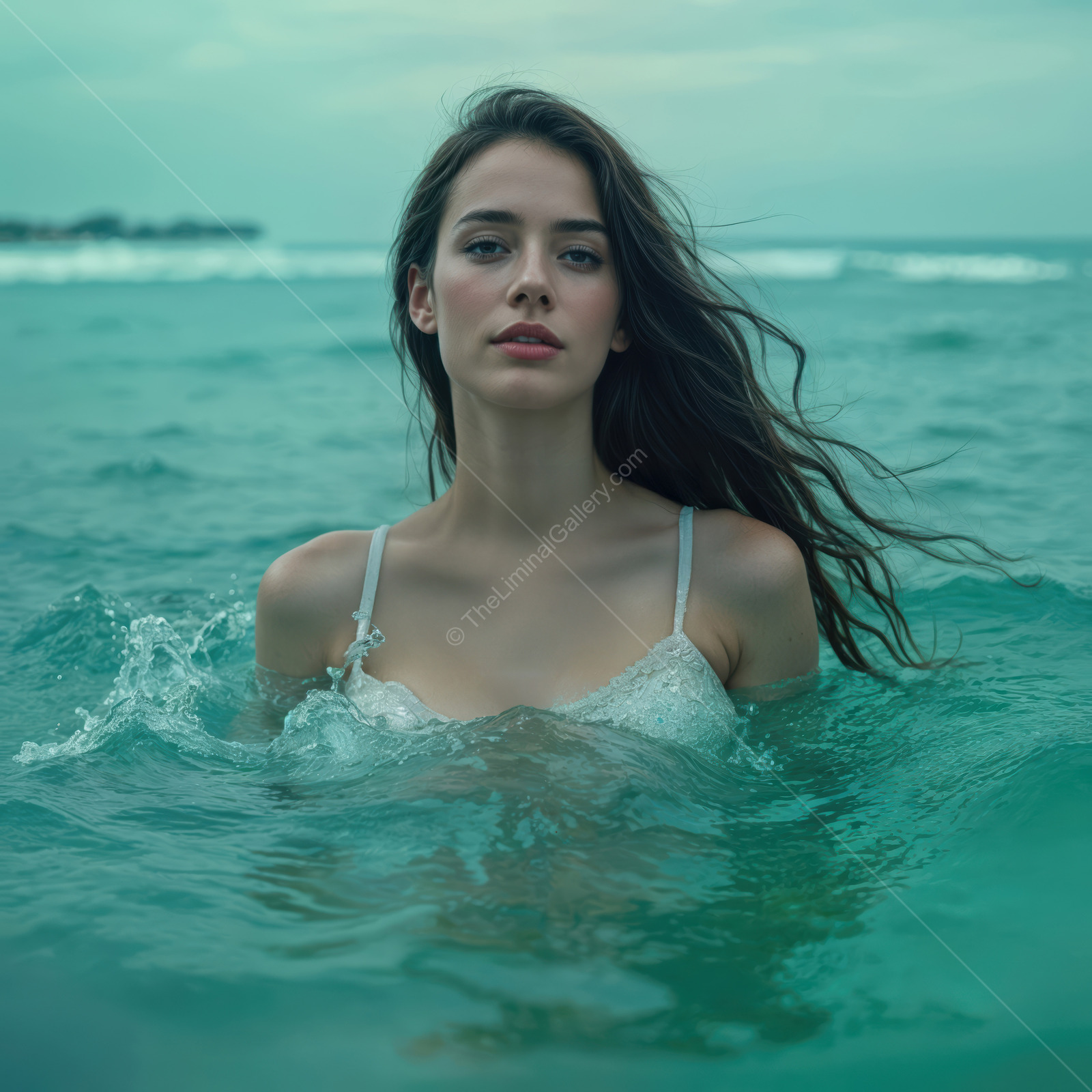 Woman stands in quiet ocean water at twilight, long hair and soft light stretching across the swells