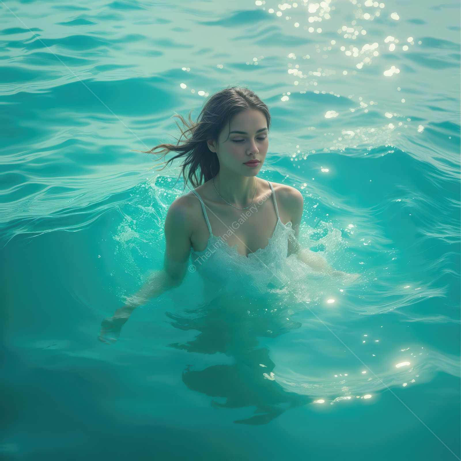 Woman stands in clear turquoise water at twilight, reflective glints dappling her dress