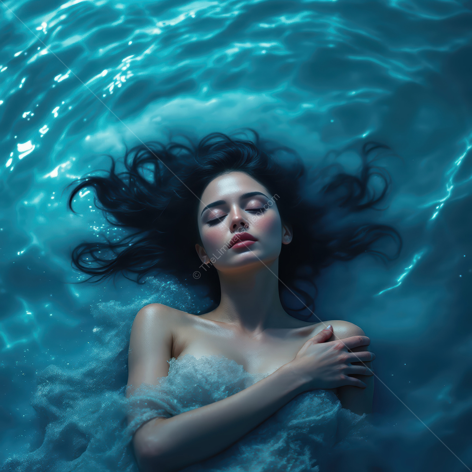 Woman floats at twilight on calm water, hair and fabric splaying as faint ripples catch the sky