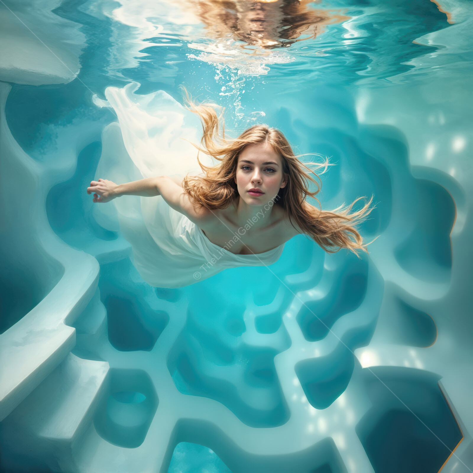 Enchanting underwater journey of a graceful figure in a surreal aquatic liminal honeycomb