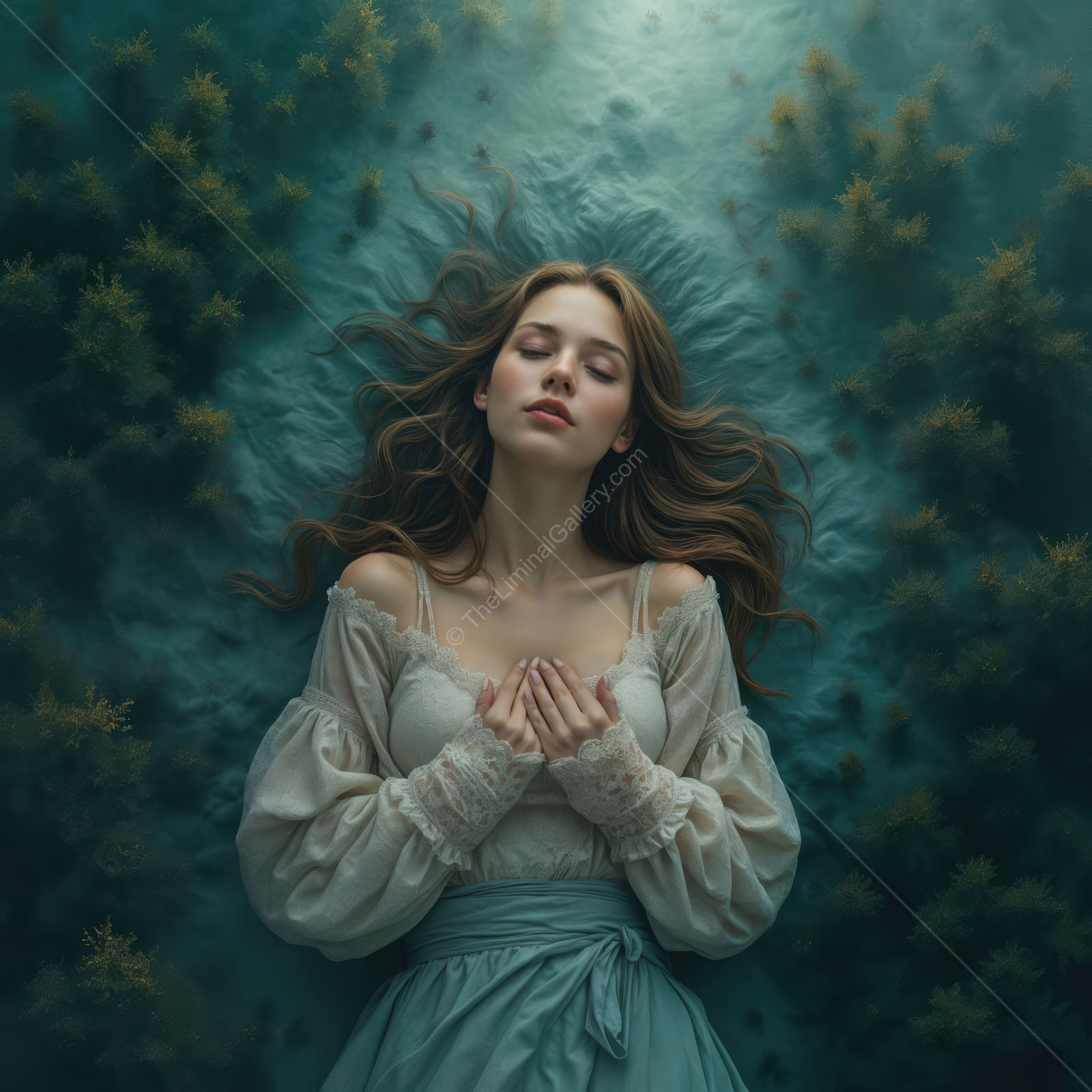 Woman lies underwater amid blue-green plants, hands gently clasped as light shafts pattern her dress