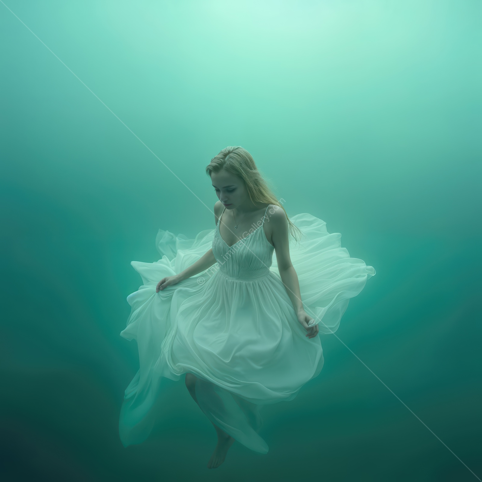 Woman floats in serene blue underwater space, white fabric blooming around her in gentle light