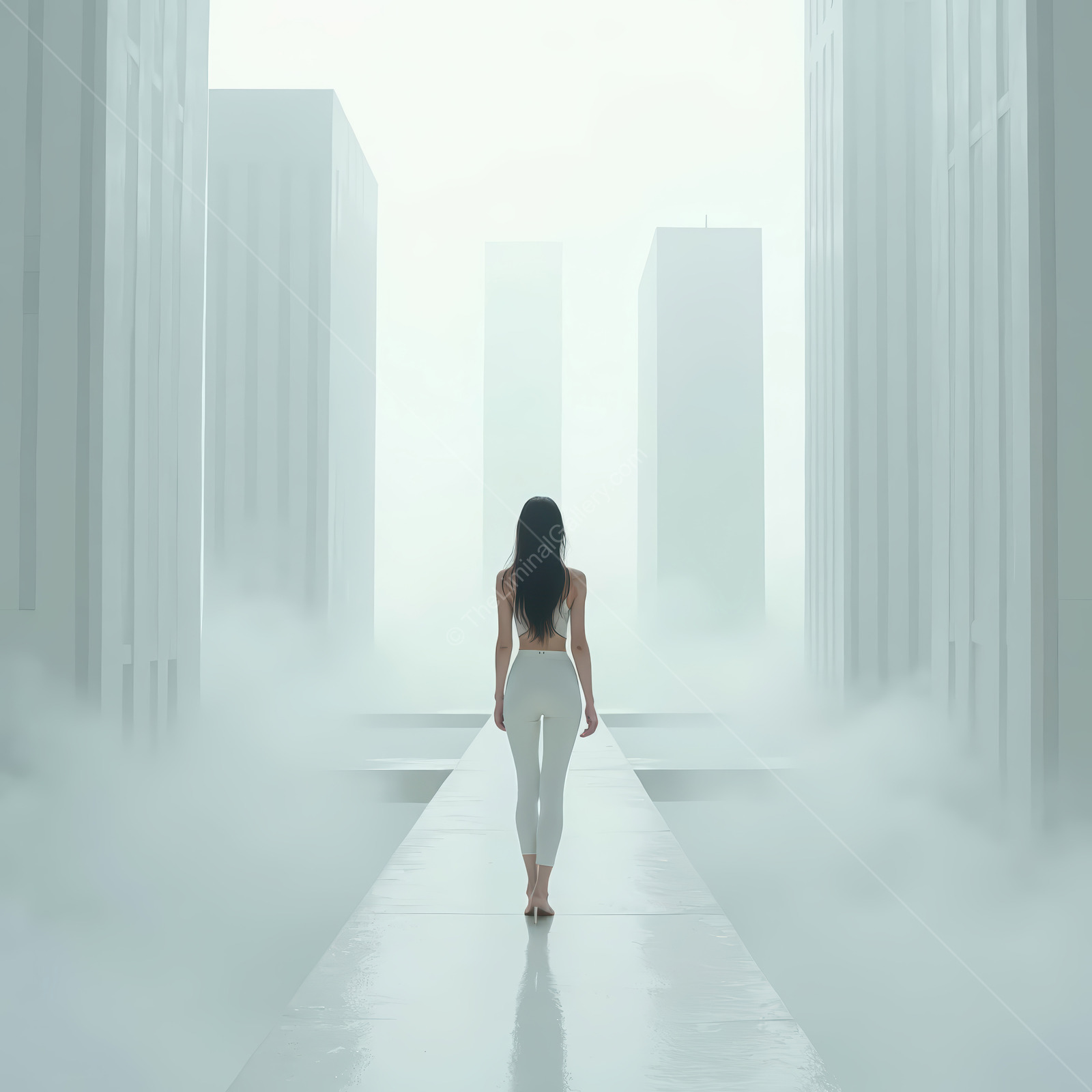 Woman walks a narrow path through thick urban fog as minimalist towers fade into dawn light