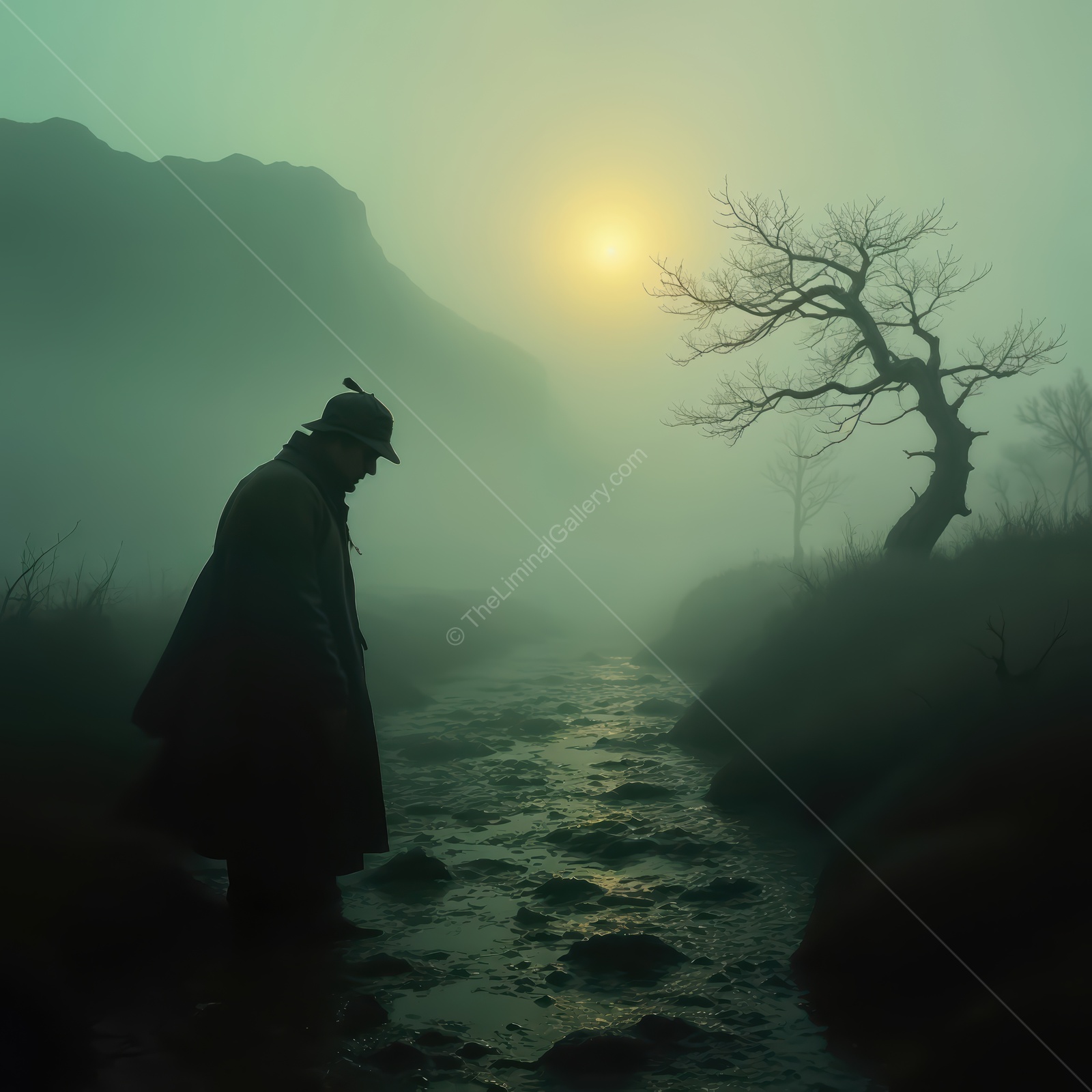 Foggy morning in a serene valley as a figure stands by a rocky stream under the rising sun