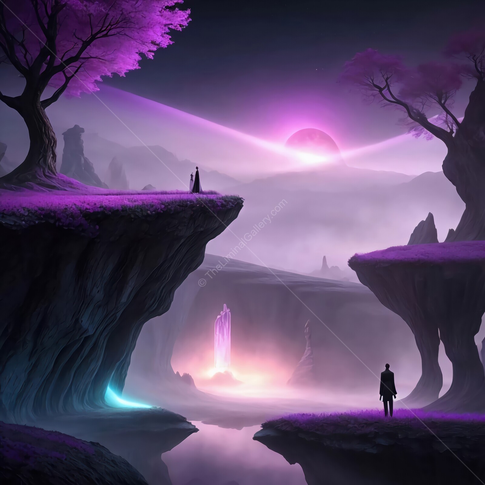 Starlit serenity unfolds in a magical valley beneath a glowing sky
