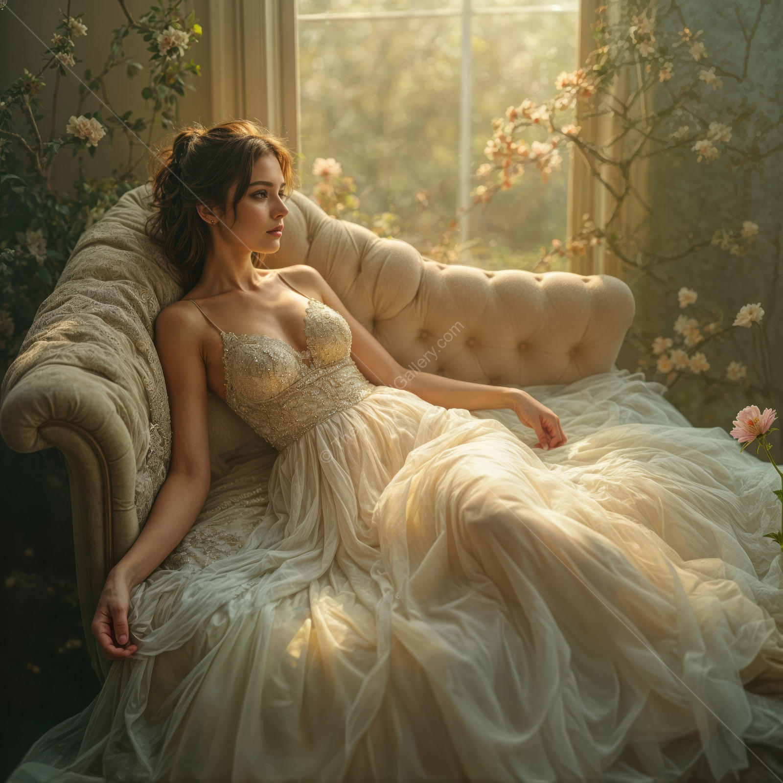 Woman in a gauzy dress reclines on a vintage sofa as window light brushes her and nearby flowers