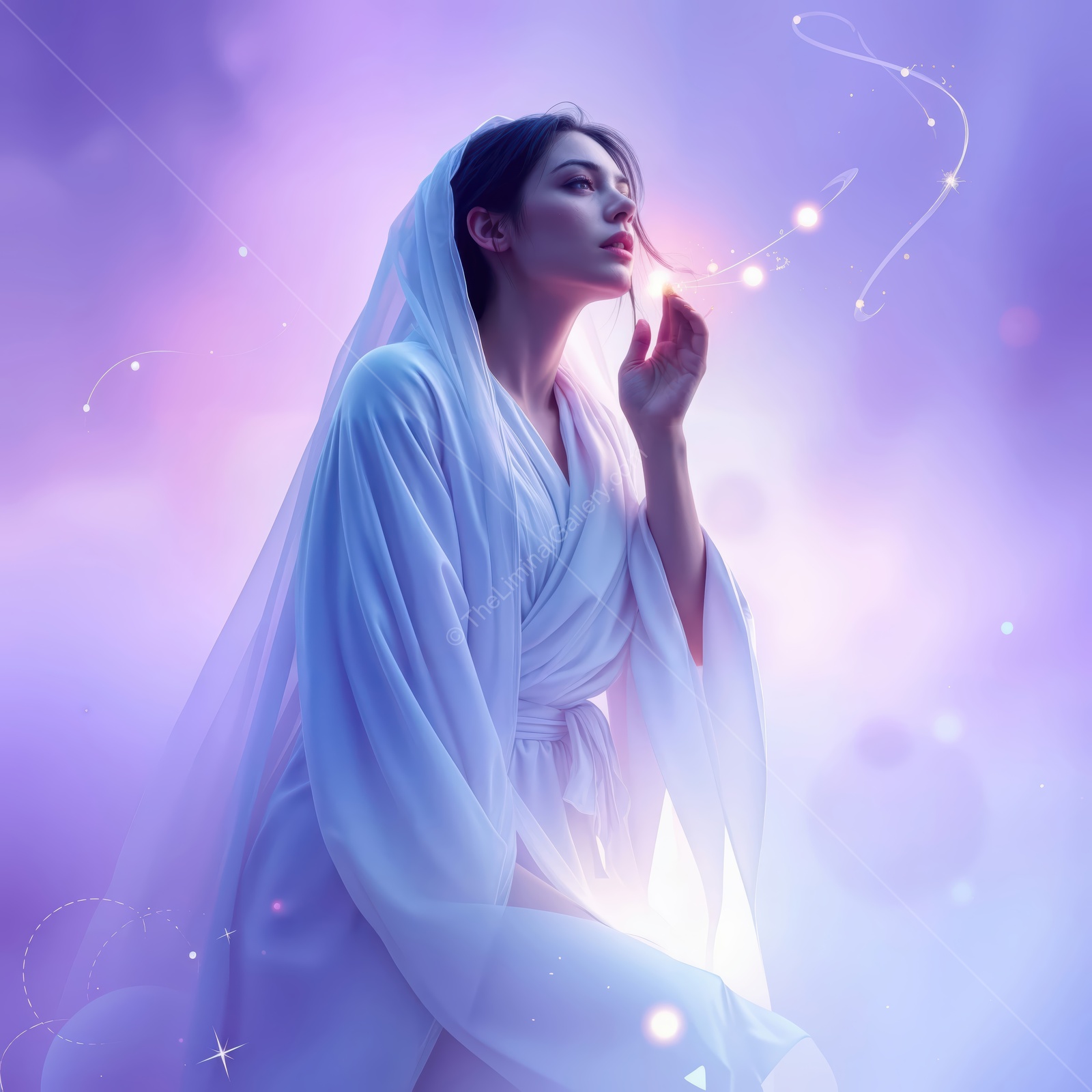 Woman in white rests in violet haze with fingertip to lips, soft fog and gentle light holding the frame