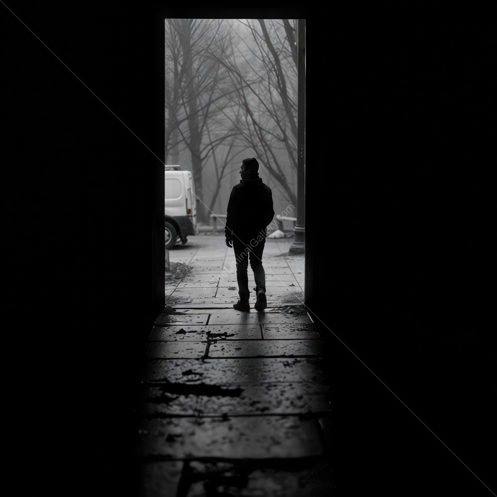 Walking through a shadowy archway into a misty October landscape at dusk