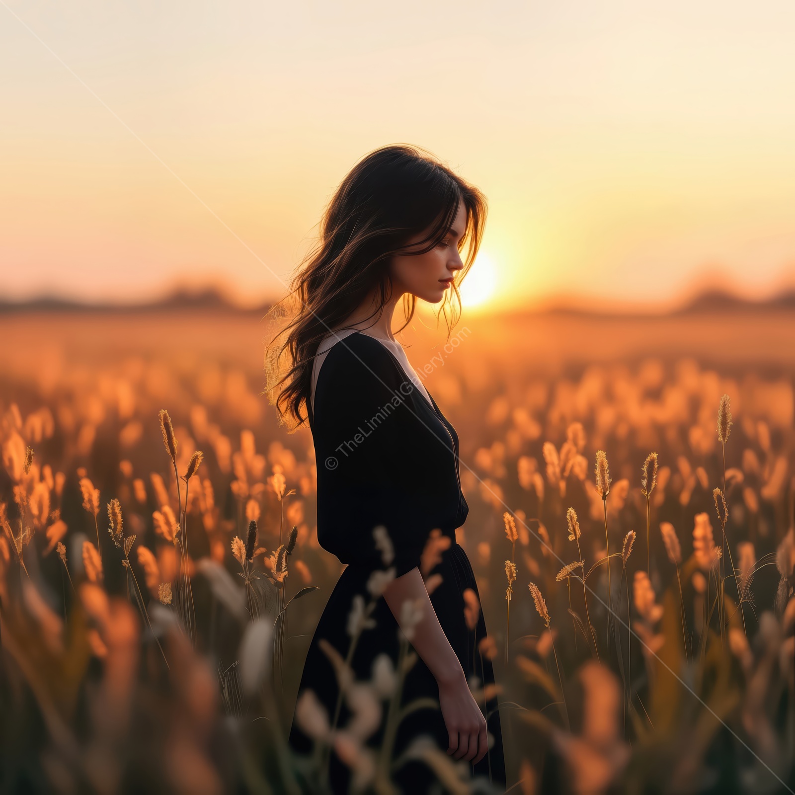 Woman in a black dress walks a golden wheat field at sunset, warm wind lifting the stalks