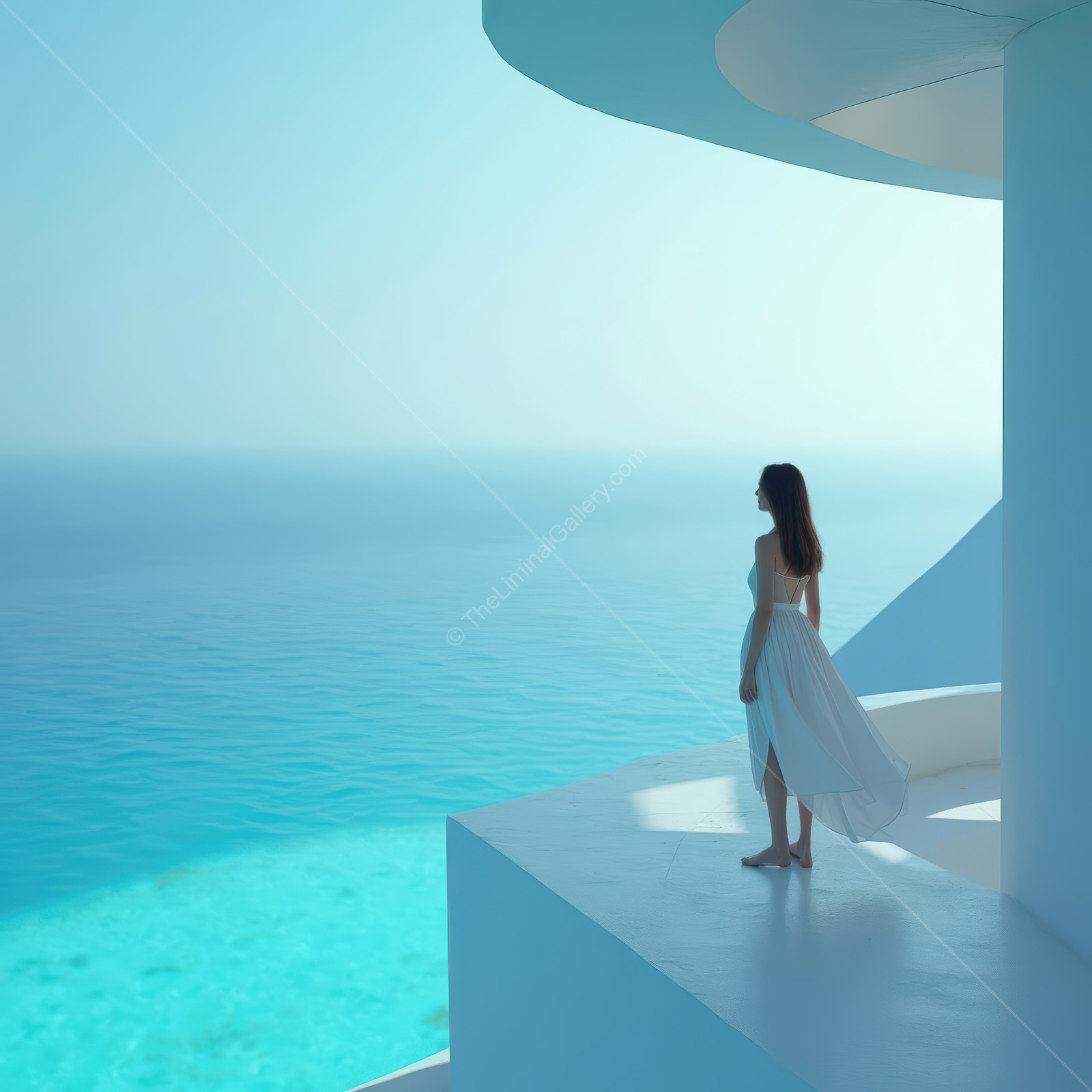 Woman on a modern white balcony looks over calm sea at sunrise, pastel tones reflecting off the water